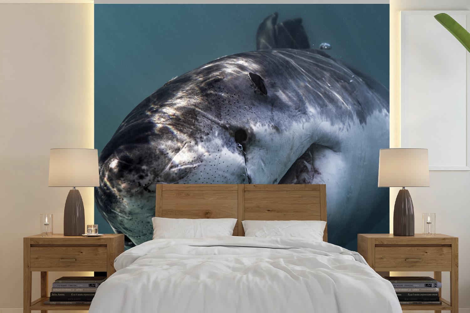 MuchoWow Fototapete Hai - Weiß - Wasser, Matt, bedruckt, (5 St), Vinyl Tapete für Wohnzimmer oder Schlafzimmer, Wandtapete