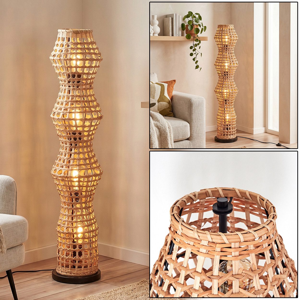 hofstein Stehlampe Stehlampe im skandinavischen Design mit Schirm aus Rattan in Natur, ohne Leuchtmittel, Stehleuchte im Boho-Style mit Lichteffekt und Fußschalter, E27, 110 cm