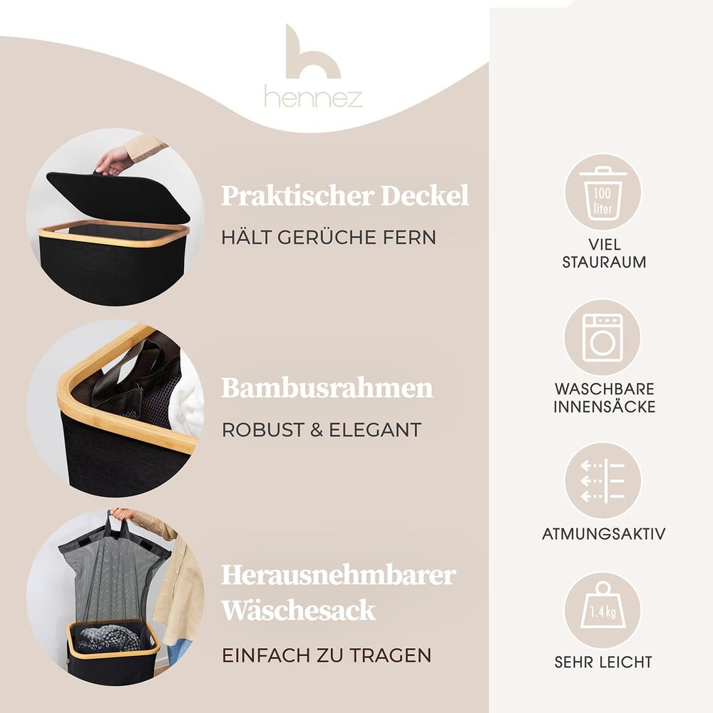 HENNEZ Wäschekorb Bambus mit Deckel 2 Fächer, 140L Wäschesack - Wäschesorti günstig online kaufen