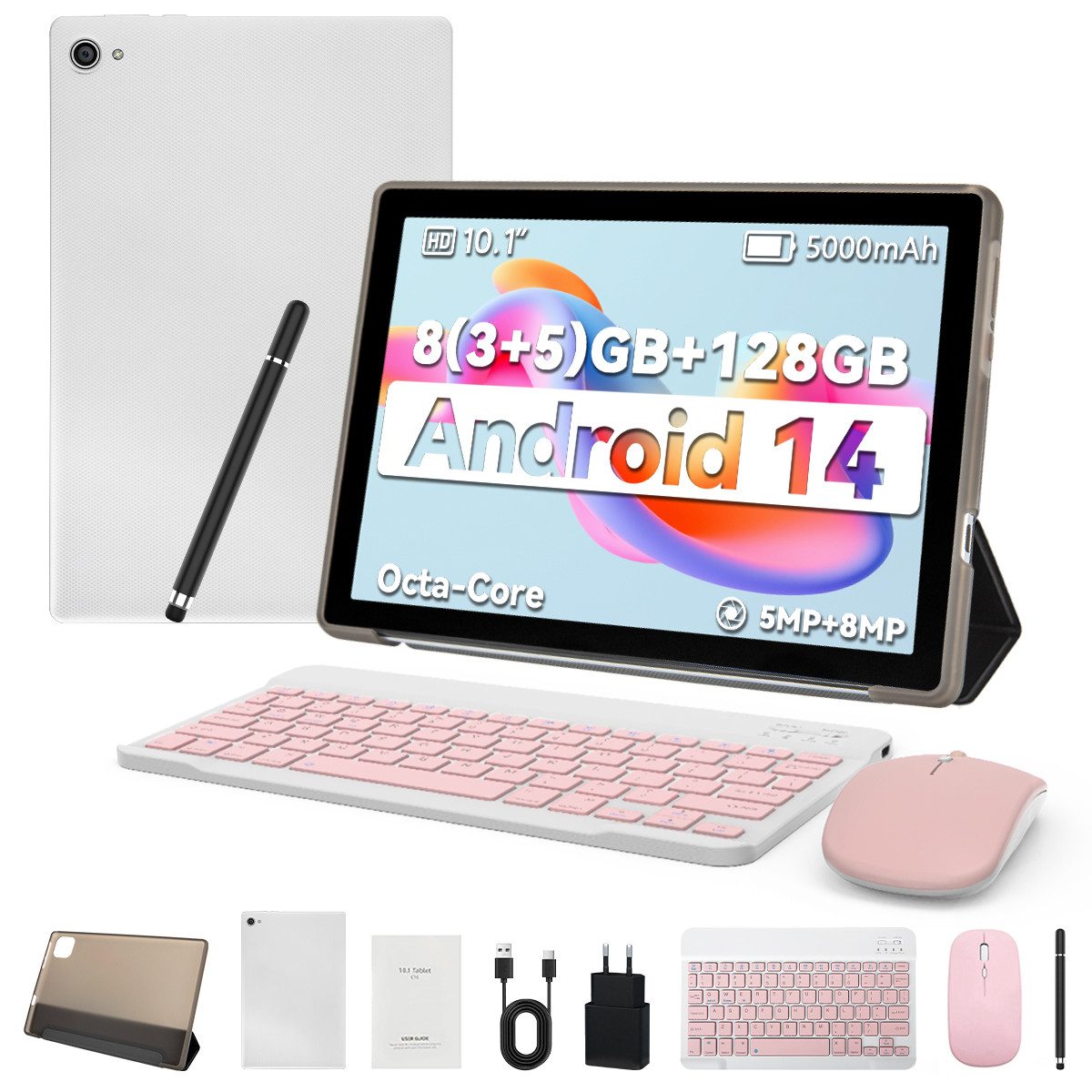 BUFO 10,1 Zoll 64GB erweiterbar auf 1TB mit Maus, Tastatur und Stylus Tablet (10", 64 GB, Android 15, 2,4G/5G WiFi, Android 14, 5000mAh, Gesichtsentsperrung, 1280x800 HD IPS)