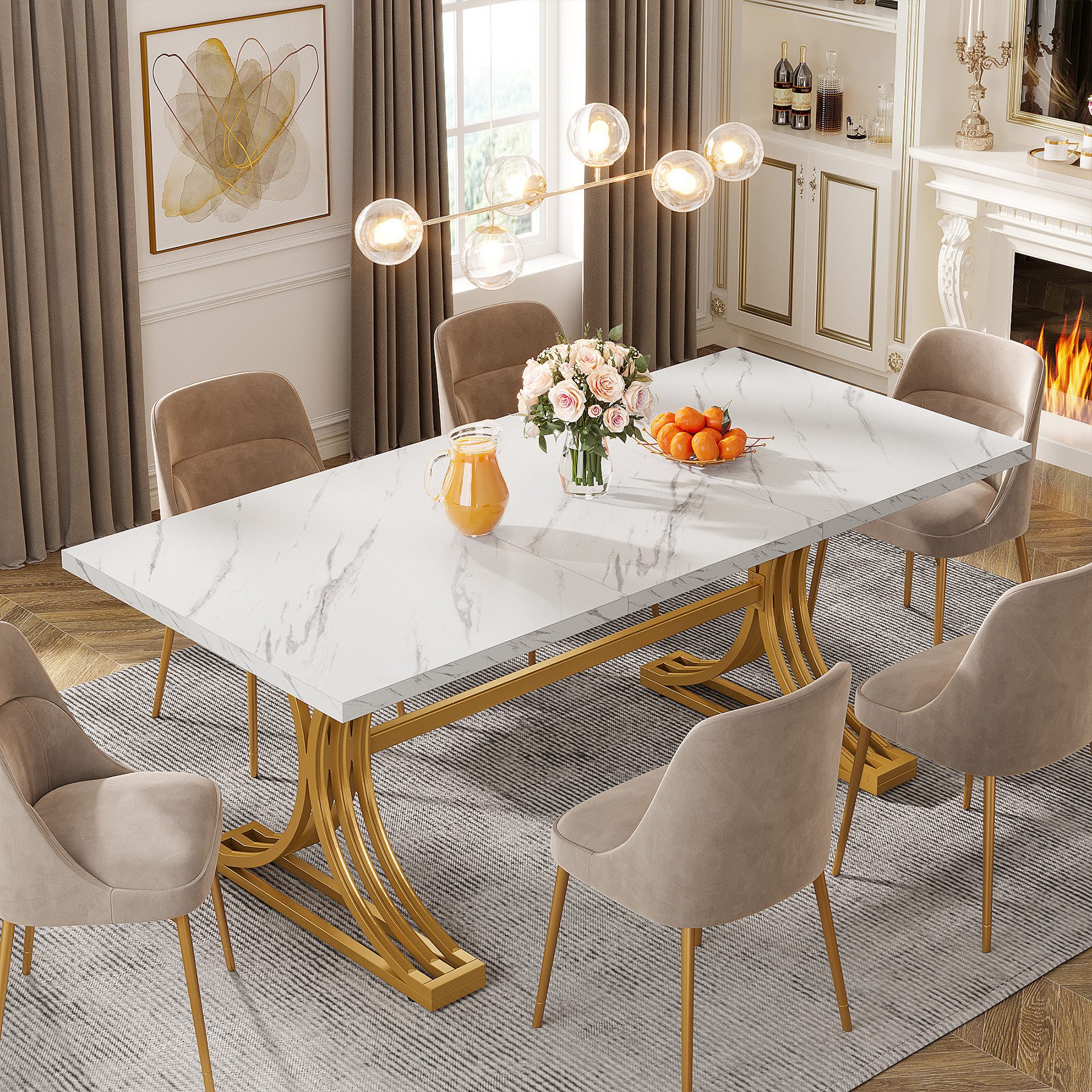 Tribesigns Esstisch 160x80 cm mit Marmoroptik Platte & Gold Metallgestell
