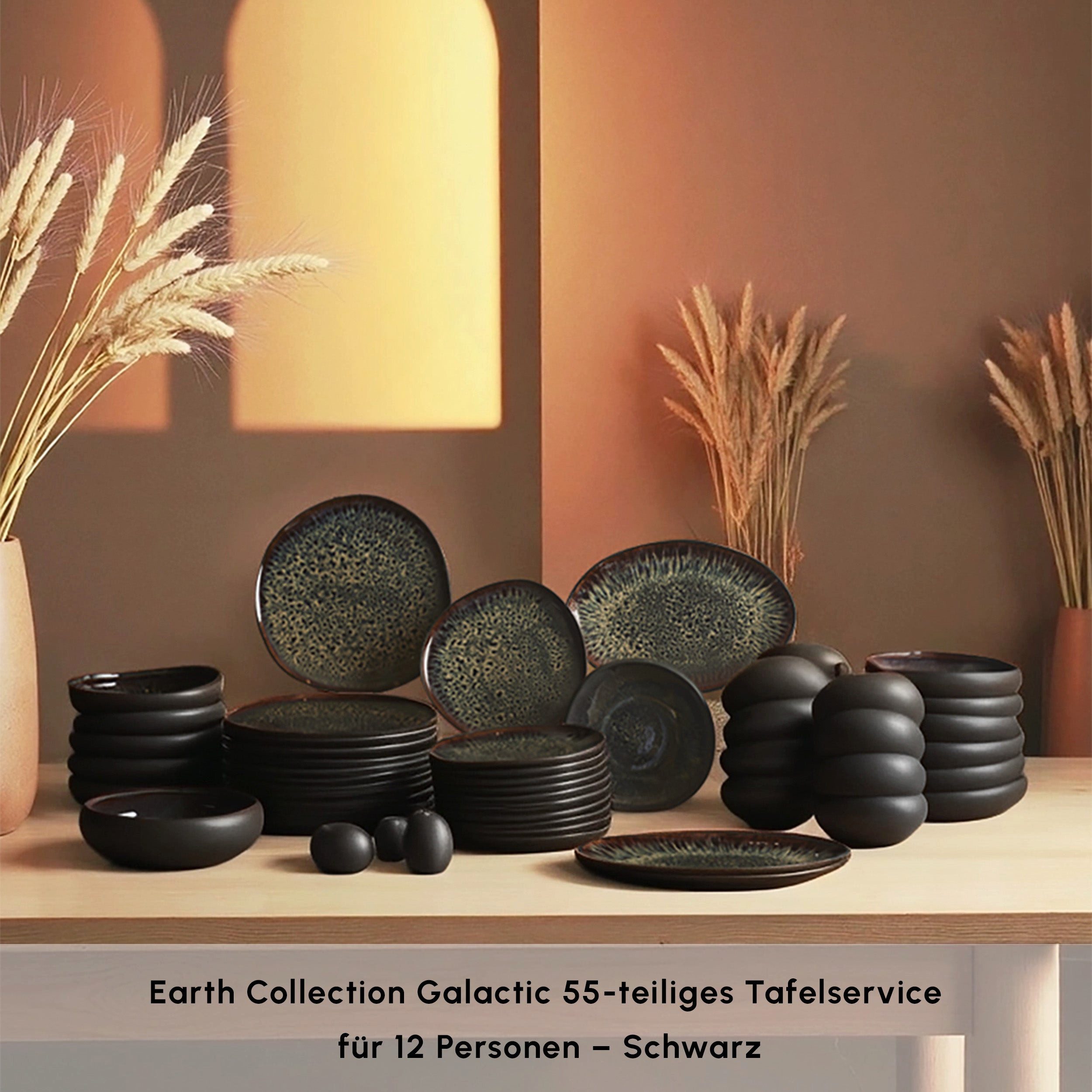 Karaca Geschirr-Set Earth Collection Galactic 55-teiliges Geschirrset für 12 Person, 12 Personen, Steinzeug, Elegantes Marmordesign, umfassendes 55-teiliges Set