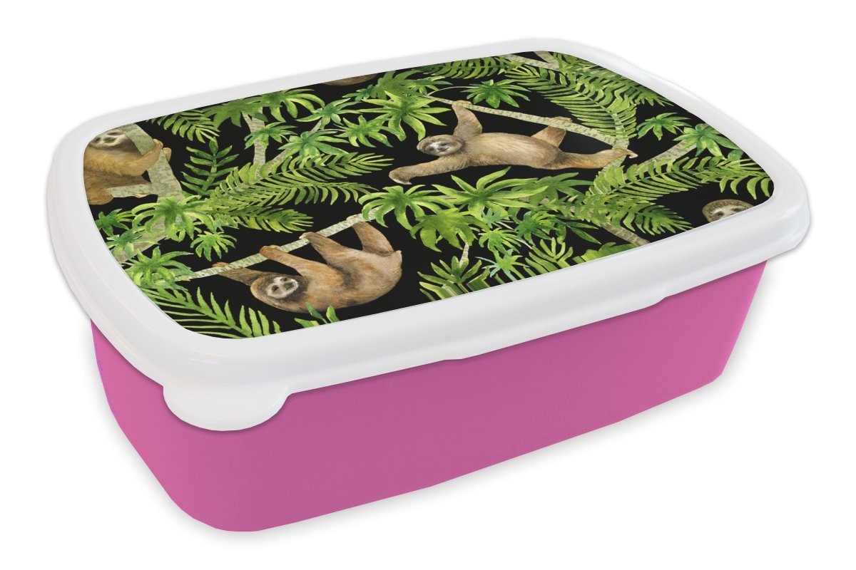 MuchoWow Lunchbox Faultier - rosa - Brotdose - Kunststoff - für Kind, - Mädchen Kinder, (2-tlg), Muster Palme Jungen Erwachsene, - Kinder Brotbox Mädchen, Snackbox, Kunststoff