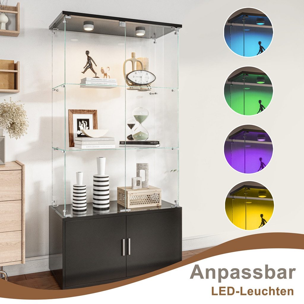 Simurq Glasvitrine Standvitrine aus Glas mit LED, Vitrinenschrank Schrank für Sammlung (Glas Vitrine mit 2 Glastür und 3 Lagen, Glasschrank mit Schloss) Vitrine aus Glas, perfekt für Sammler, Sammelvitrine