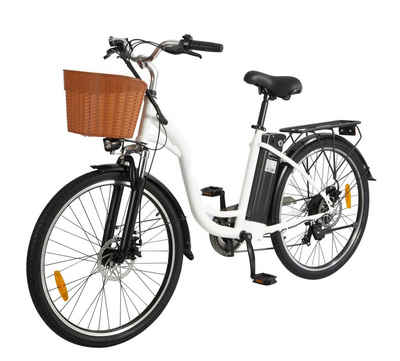 Fangqi E-Bike 26Zoll city-bike,Shimano 7-Gang,300W/36V/12.5Ah, mit vorderem Korb, SHIMANO, Automatikschaltung, Heckmotor, (spar-set,Höhenverstellbarer Sitz, Gepäckträger, Low-Entry-Damen-Citybike), Max.25km/h,Akkulaufzeit bis zu 50km im Power-Assist-Modus