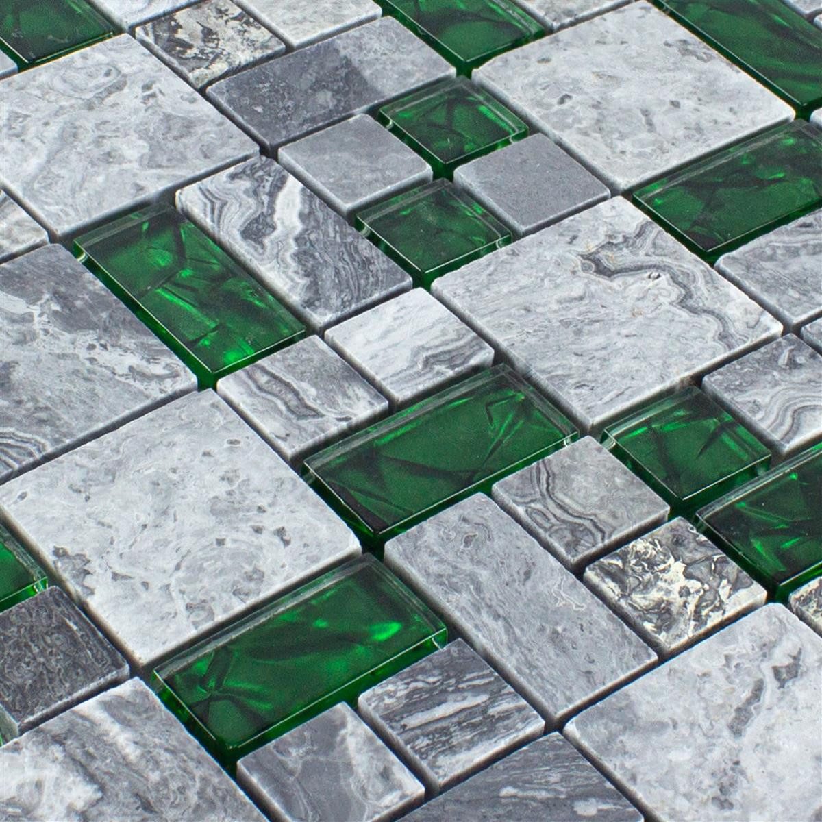 Mosafil Mosaikfliesen Glas Naturstein Mosaik Fliesen Sinop 2 Mix, Naturstein-Glas-Marmor 30.000x30.000, grau-grün, Verlegefertig auf ein Netz geklebt - Wasserfest