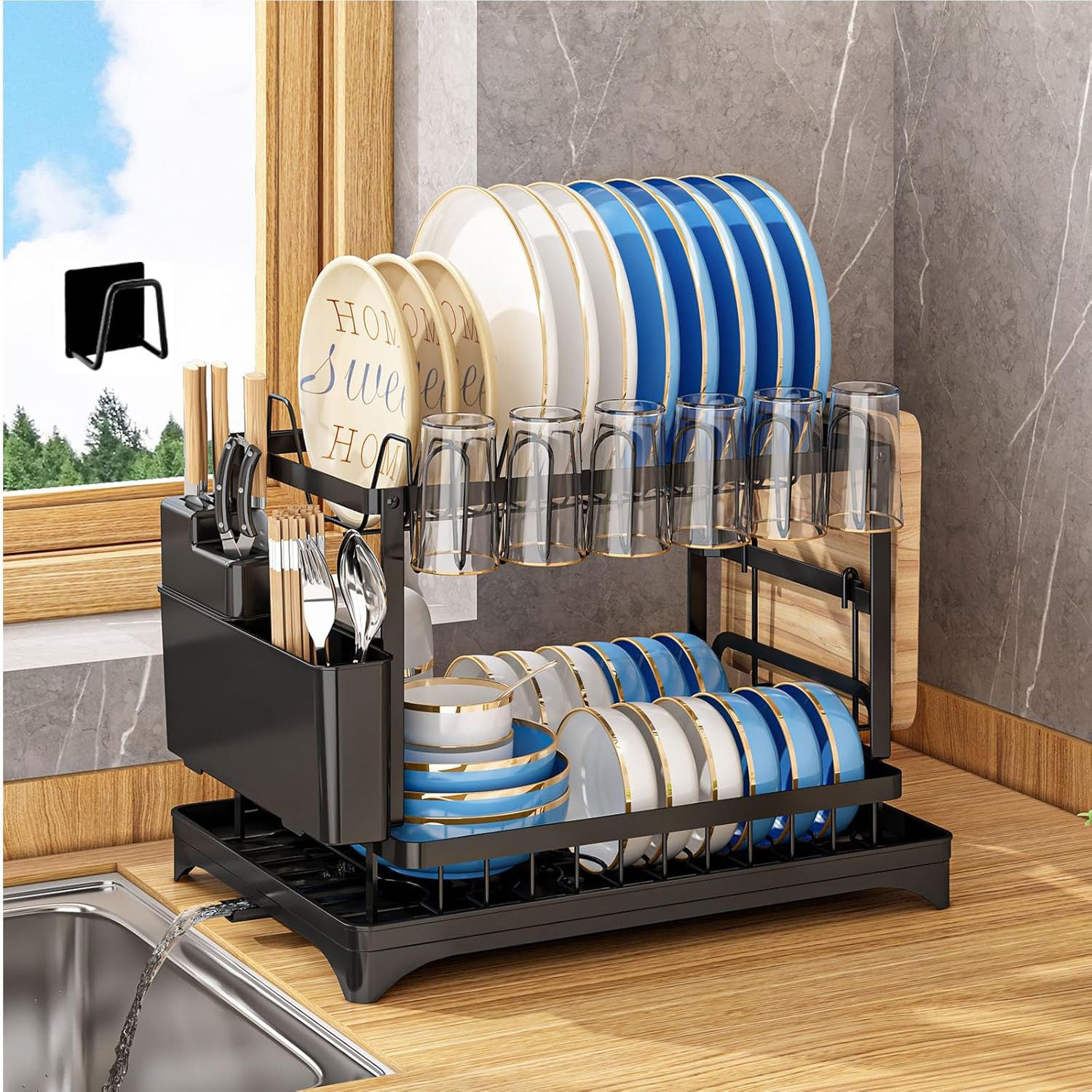 OKWISH Geschirrständer 2-stufiges Geschirrabtropfer Geschirr Trockenständer, Zubehör für Kitchen, Aufbewahrung Abtropfgestell mit Getränkehalter 42×30×29 cm – Bild 5 von 5