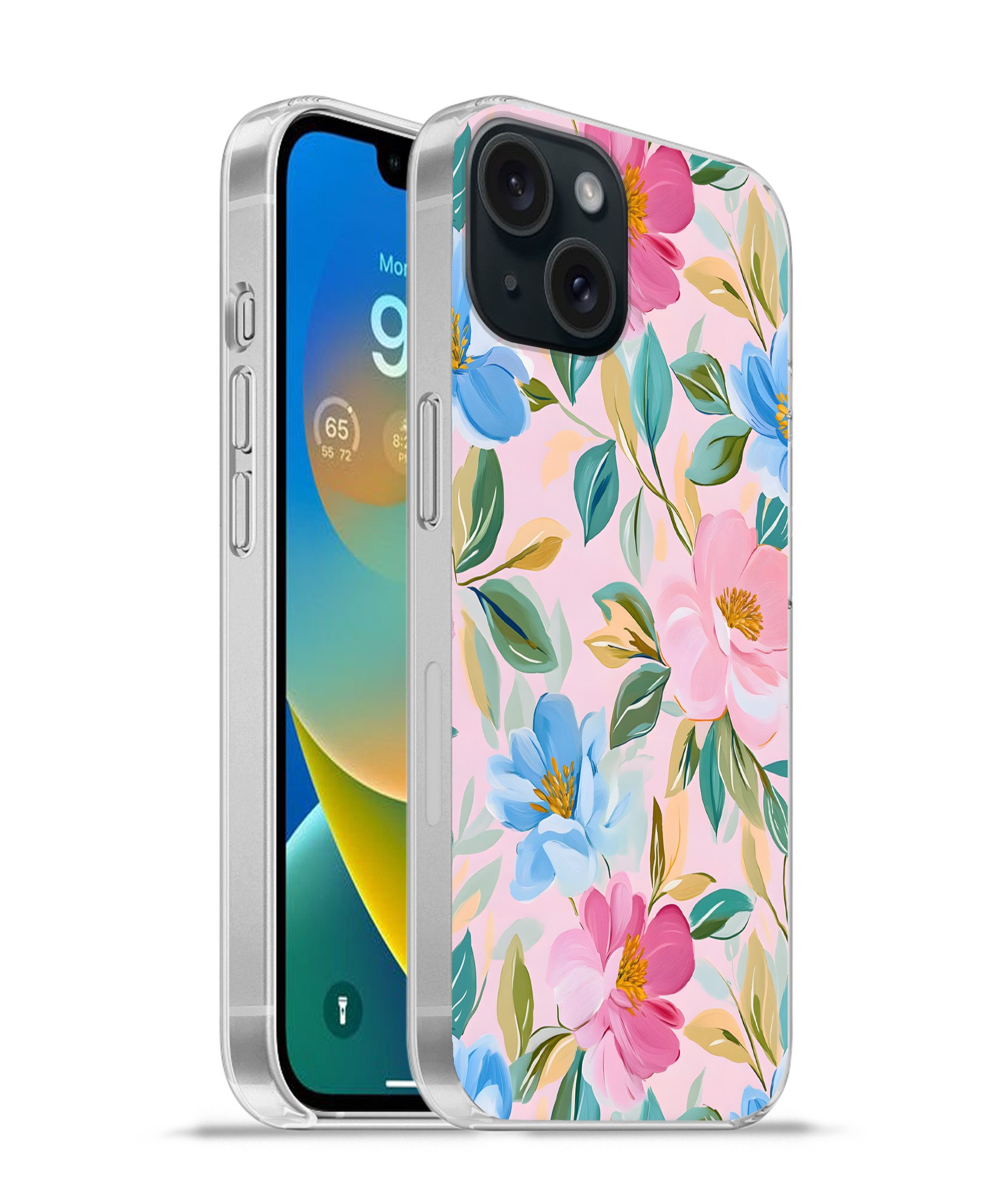 MuchoWow Handyhülle für Apple iPhone 15 Blau - Rosa - Blumen, Smartphone-Bumper, Print, Handy Schutzhülle Dünn
