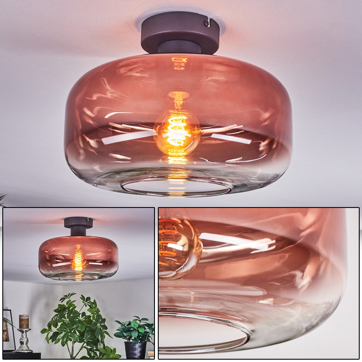 hofstein Deckenleuchte 1-flammige Deckenlampe aus Metall/Glas in Schwarz/Kupferfarben/Klar, ohne Leuchtmittel, im Retro/Vintage-Design (Schirm Ø 28 cm), E27