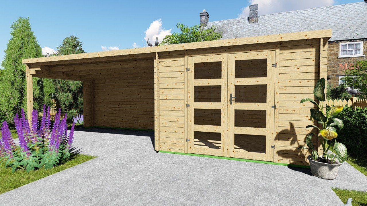 Finn Art Blockhaus Gartenhaus Flachdach 7x3m Holz Funny 5 in 28mm Wandstärke, BxT: 298x240 cm, ohne Fußboden mit Anbau, ohne Dacheindeckung
