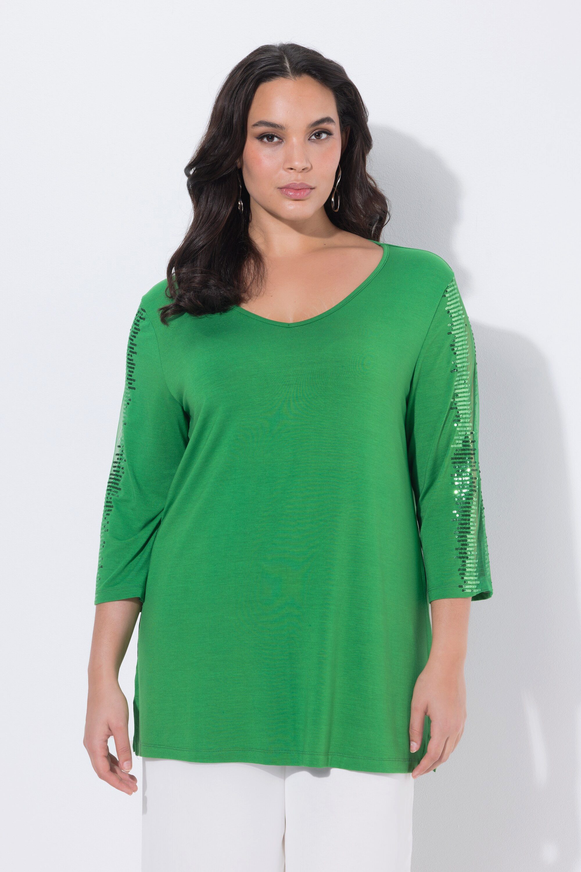 Longshirt Longshirt Mesh-Einsatz Pailletten V-Ausschnitt