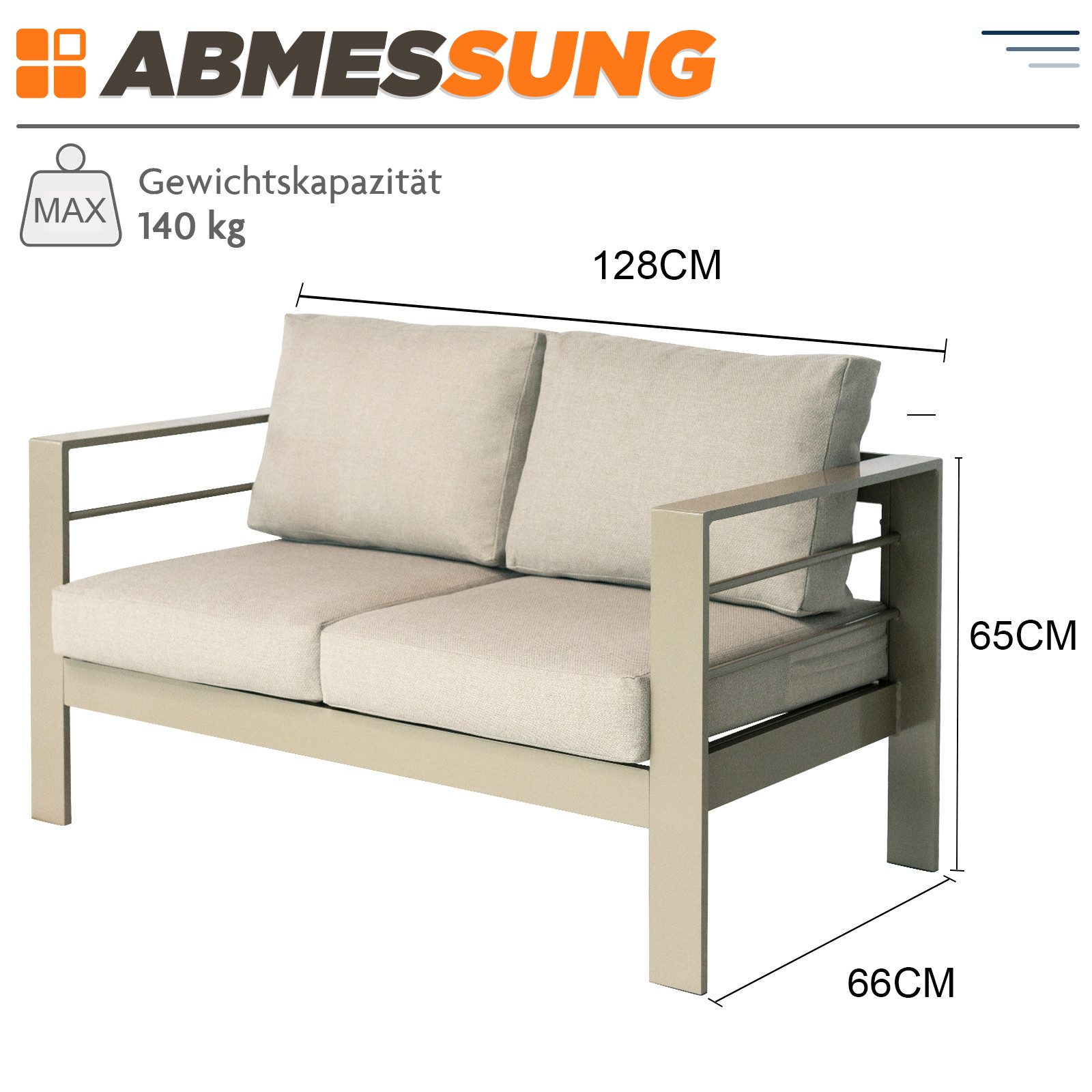 MeXo Gartenlounge-Set XXL Gartenmöbel Set Aluminium Outdoor, (Set, 1-tlg., 1× 2-Sitzer Sofa, 4 × Auflagen), wetterfest Gartensofa Loungesofa Balkonsofa für 1-2 Personen