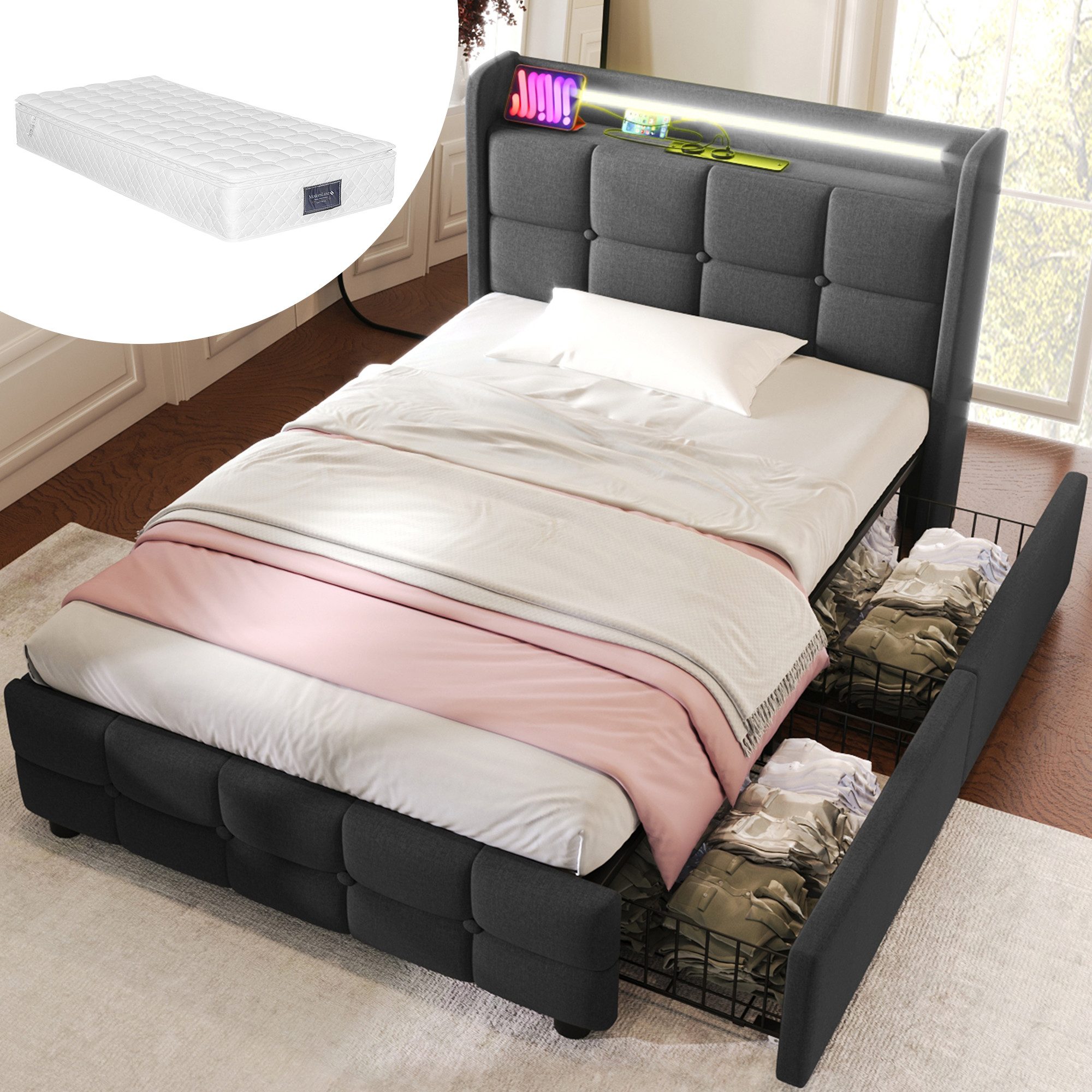 MODFU Polsterbett LED-Bett (mit aufladen USB Ladefunktion LED-Beleuchtung und 2 Schubladen, 90 x 200 cm Inklusive-Matratze)