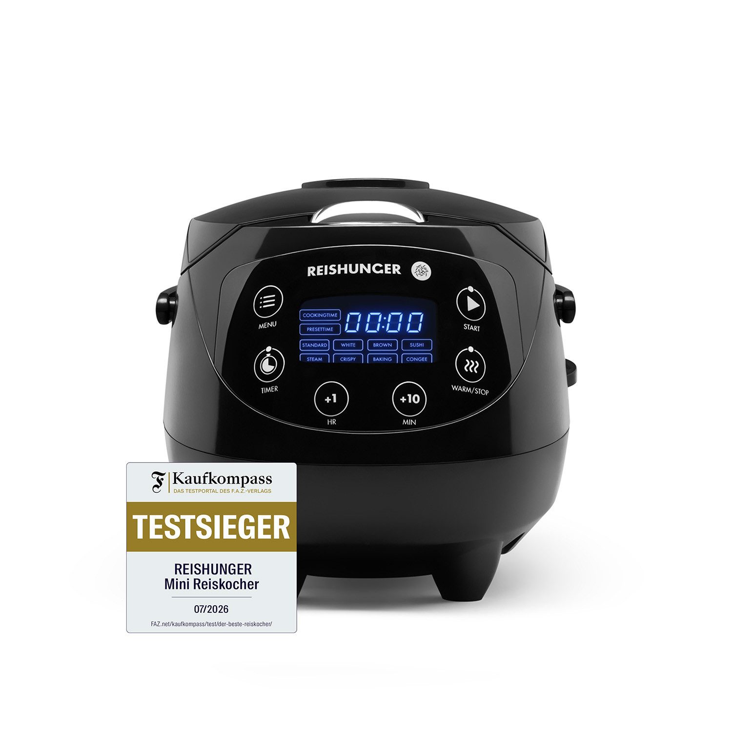 Reishunger Reiskocher Digital Mini – 0,6 L – Multikocher – 8 Programme – Keramikbeschichtung, 350 W, Dämpfeinsatz, Messbecher, Reislöffel, Timer- und Warmhaltefunktion