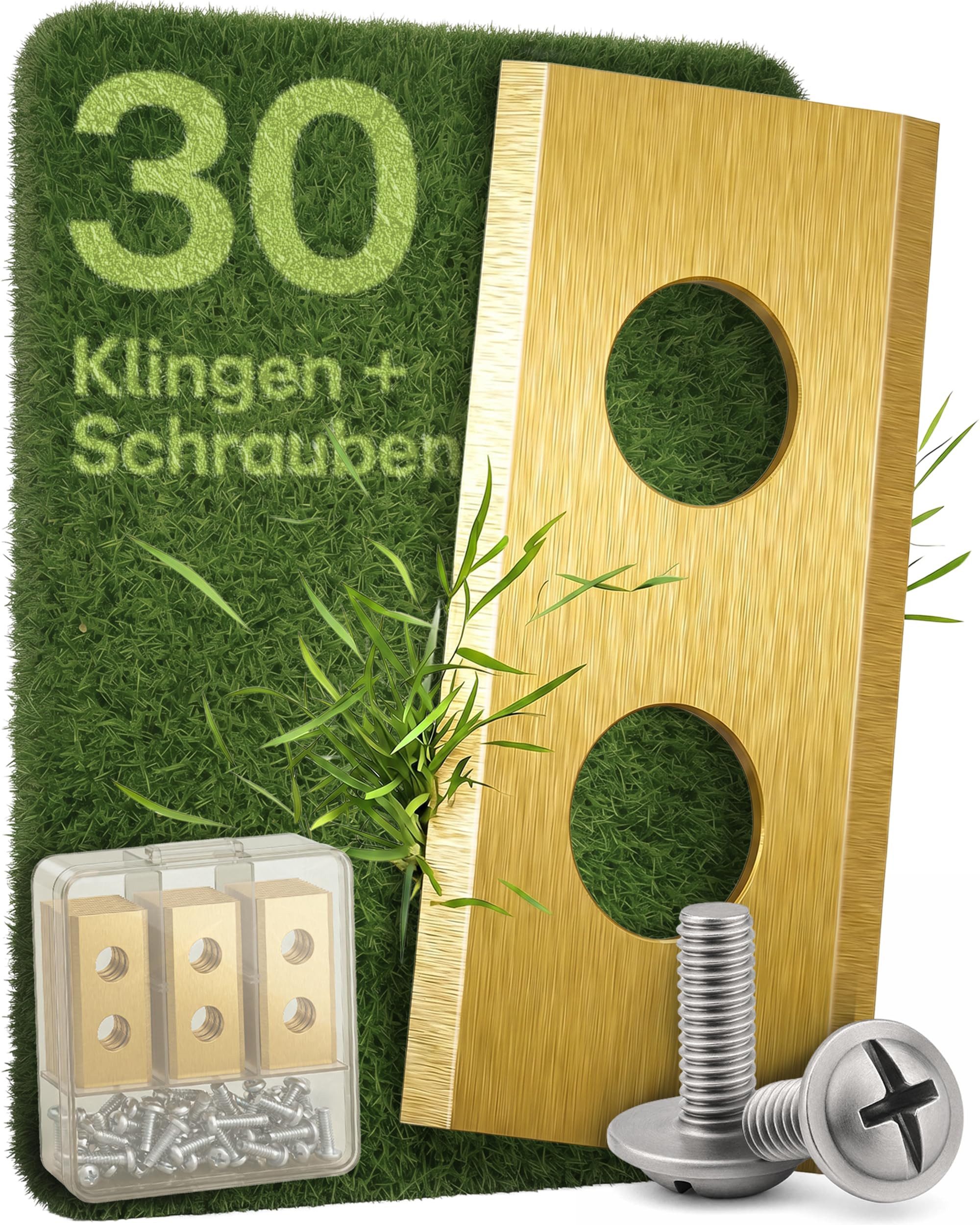 Praknu Mährobotermesser Titan-Mährobotermesser Set 30 St. Edelstahl scharf inkl. Schrauben (30er Set, 30 St. Titan-Messer + 30 Schrauben + Box, Worx/LandXcape/Einhell), Titanbeschichtet, scharf, rostbeständige Schrauben, einfacher Wechsel
