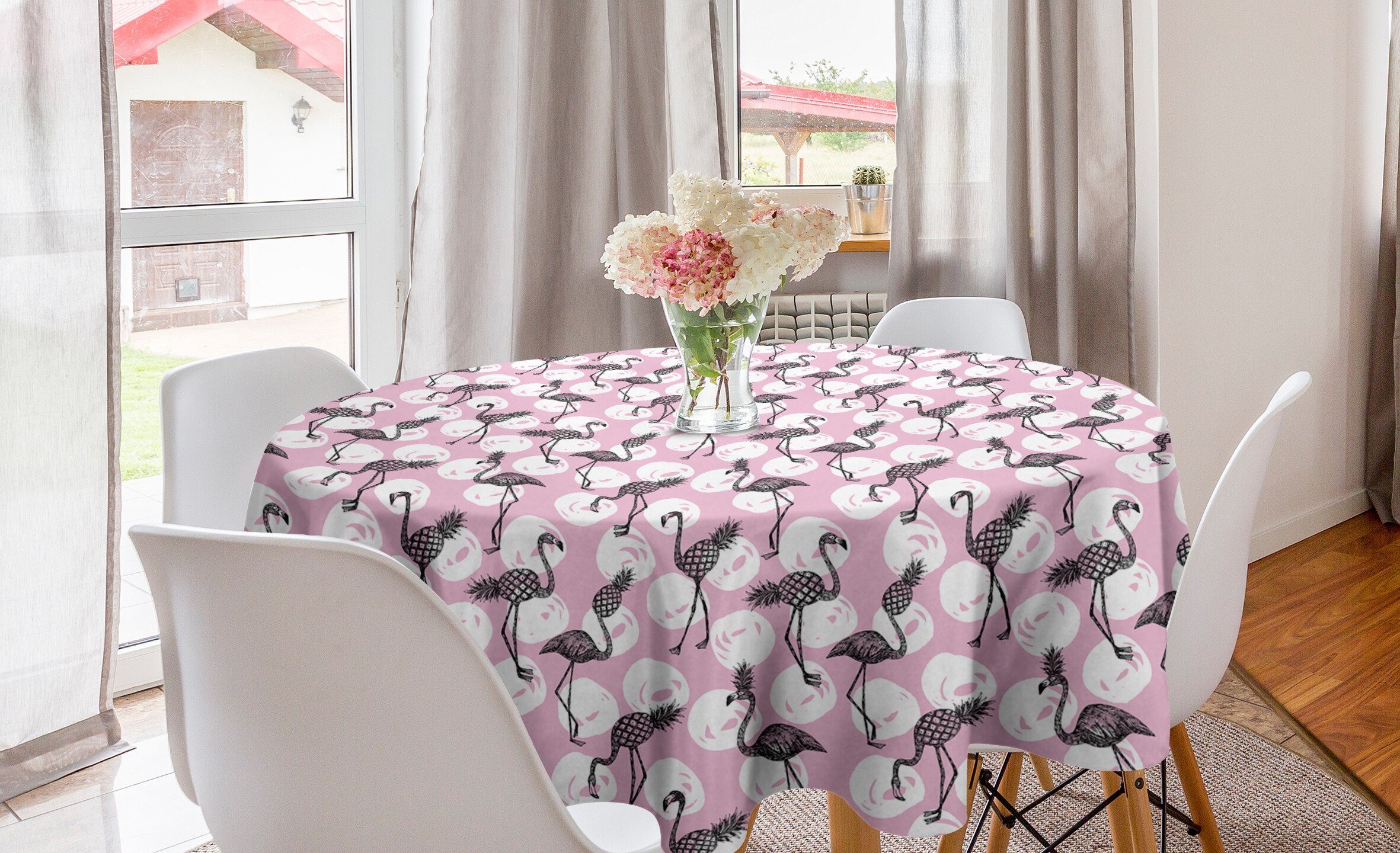Abakuhaus Tischdecke Kreis Tischdecke Abdeckung für Esszimmer Küche Dekoration, Flamingo Moderne Exotische Vögel