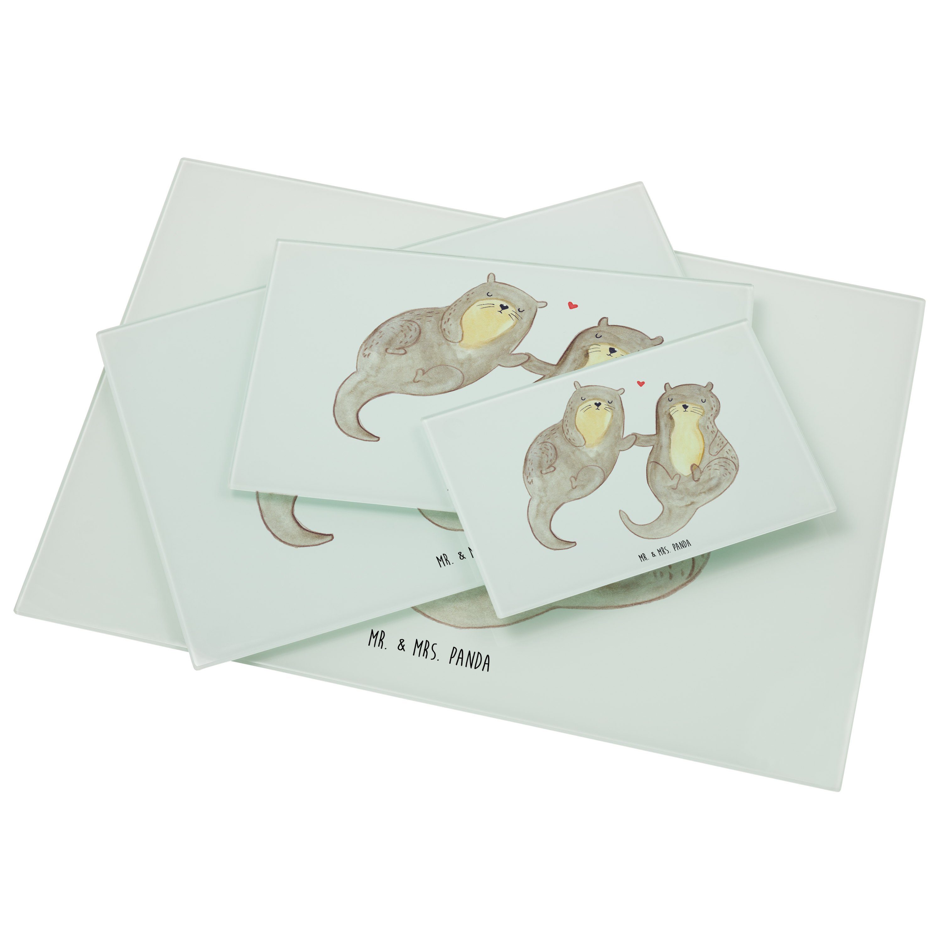 Mr. & Mrs. Panda Premium Weiß (1-St) - Otter Glasschneideb, Geschenk, Schneidebrett, händchenhaltend Servierbrett Glas, 