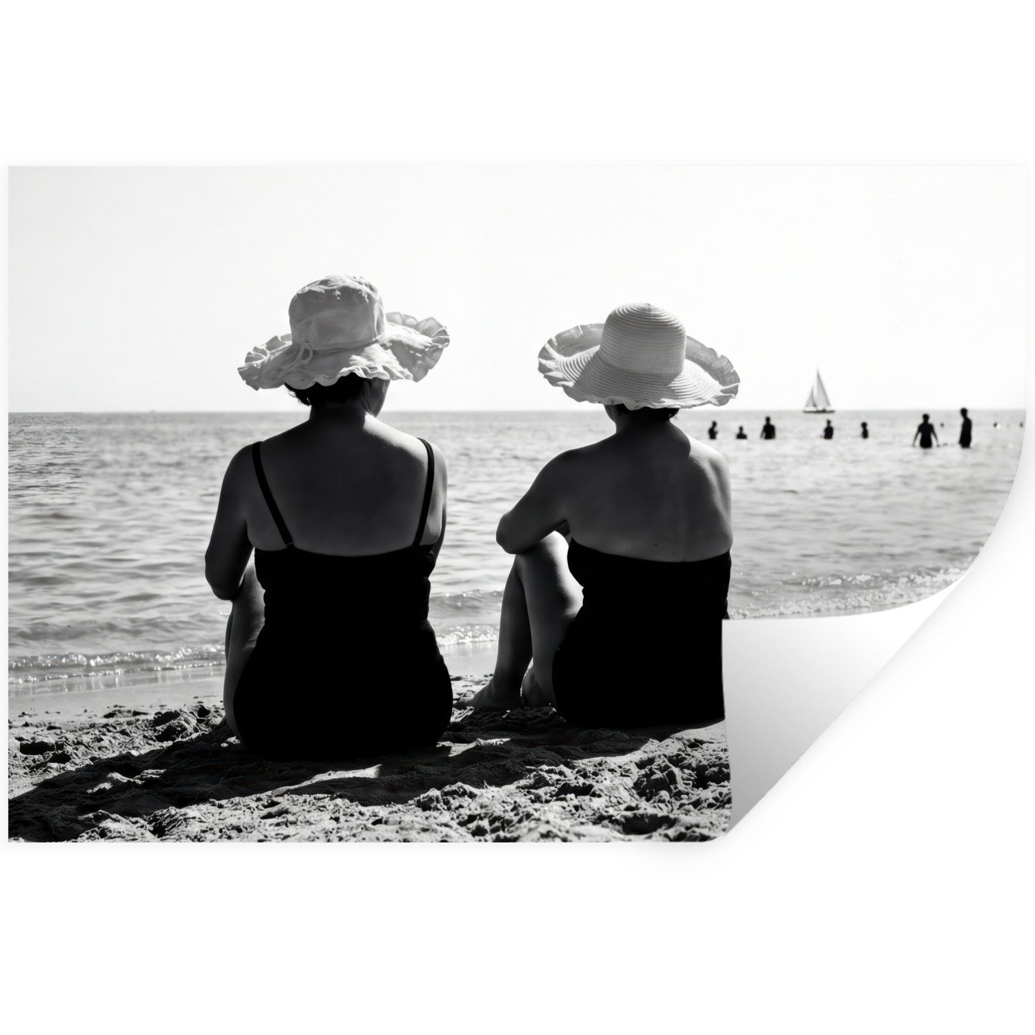 MuchoWow Wandsticker Frauen - Sonnenhut - Strand - Schwarz - Weiß (1 St), Wandtattoo, Selbstklebend, Wohnzimmer, 30x20 cm