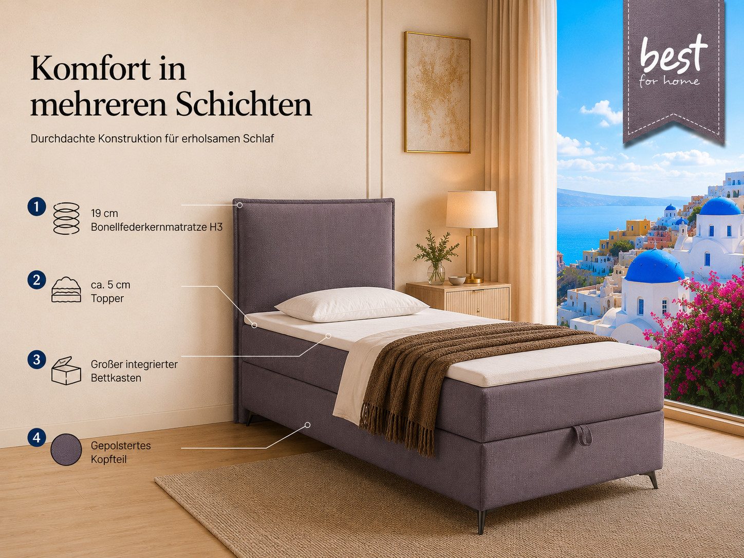 Best for Home Boxspringbett K16 Single SLIM mit Bettkasten & Bonellfederkernmatratze, Topper H3 (Einzelbett, Polsterbett, Juniorbett, Hotelbett, versch. Größen, 1-St., 70x200 80x200 90x200 100x200 cm), mit oder ohne Topper, Flexible Liefermöglichkeiten, Handwerksqualität