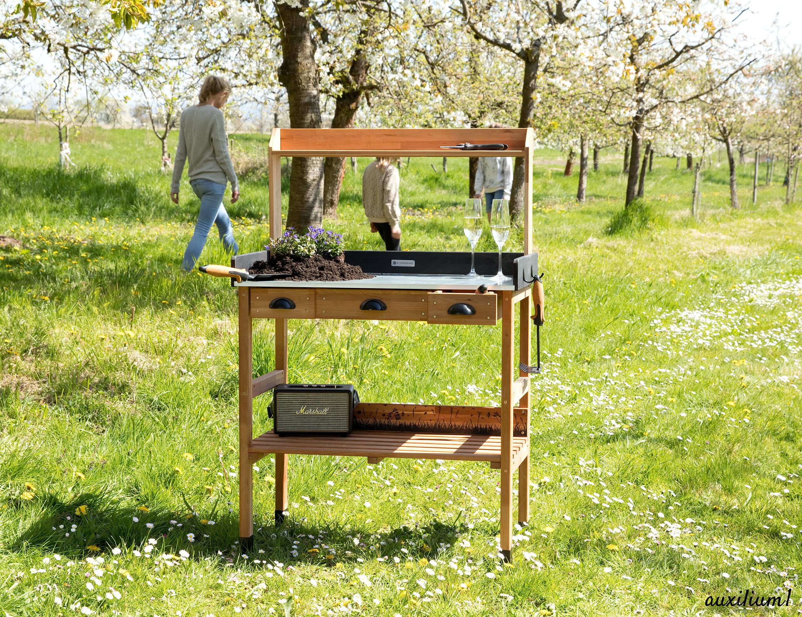 WONDERMAKE Pflanztisch aus Kirschbaum Holz groß mit Schubladen wetterfest Garten-Arbeitstisch, groß für Outdoor draußen Balkon, Gärtnertisch XL, dunkel-braun schwarz