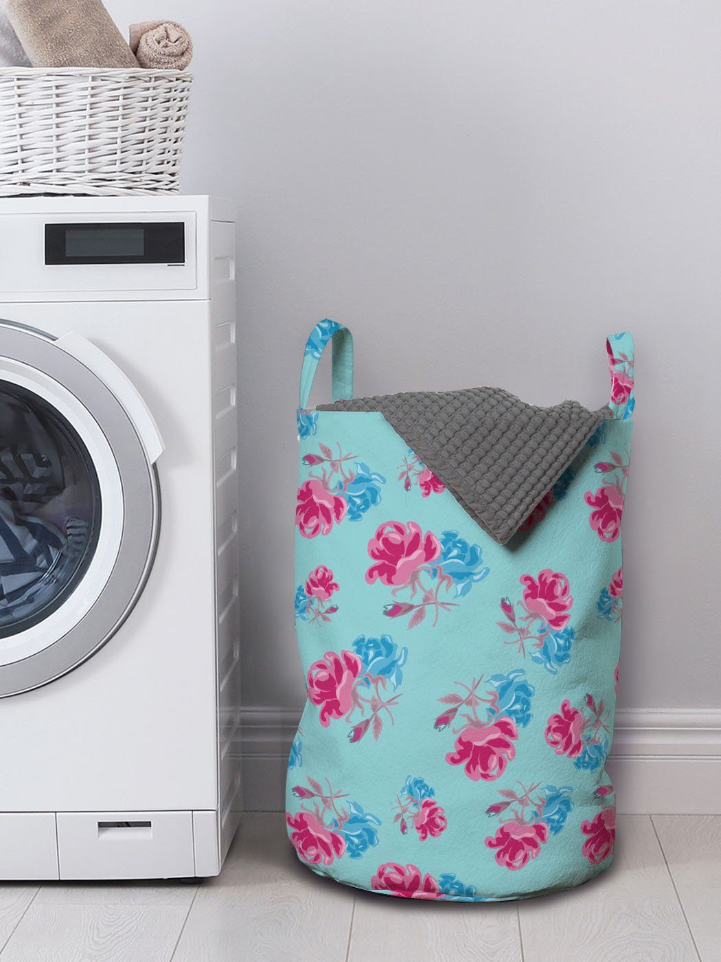 Abakuhaus Wäschesäckchen Wäschekorb Kordelzugverschluss mit Waschsalons, Griffen Bicolor Und Sommer-Rosen Pink für Blau