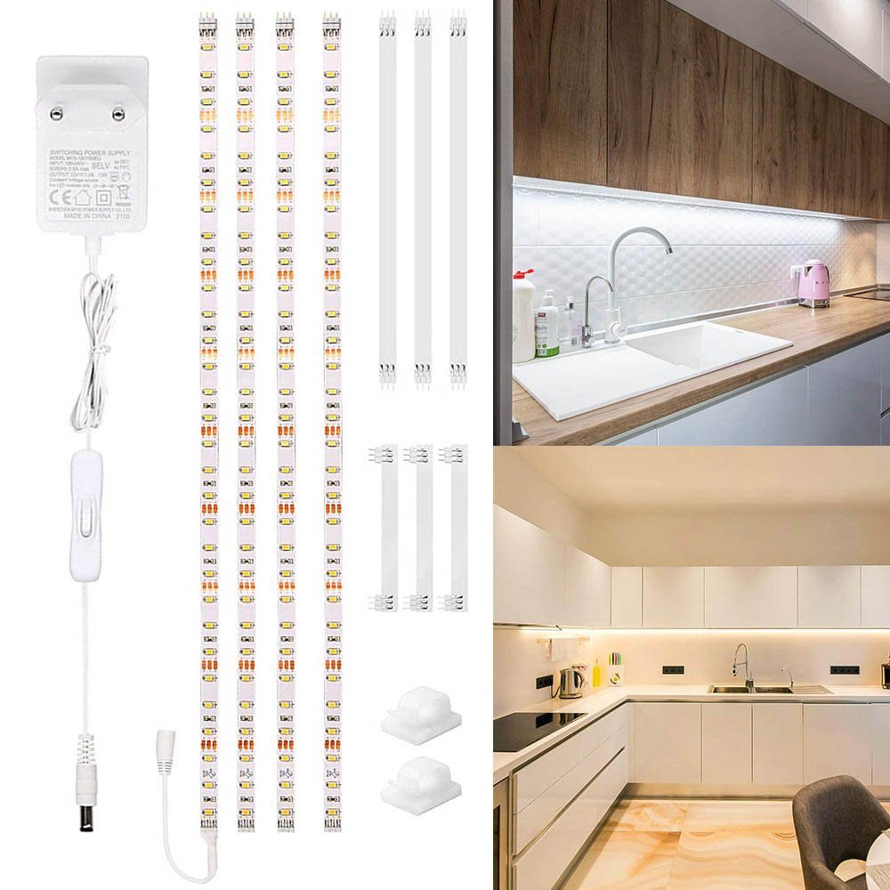 Rosnek LED Stripe 4Stück 50cm, DIY, mit Adapter, für Schrank Küche Garderobe Warmweiß