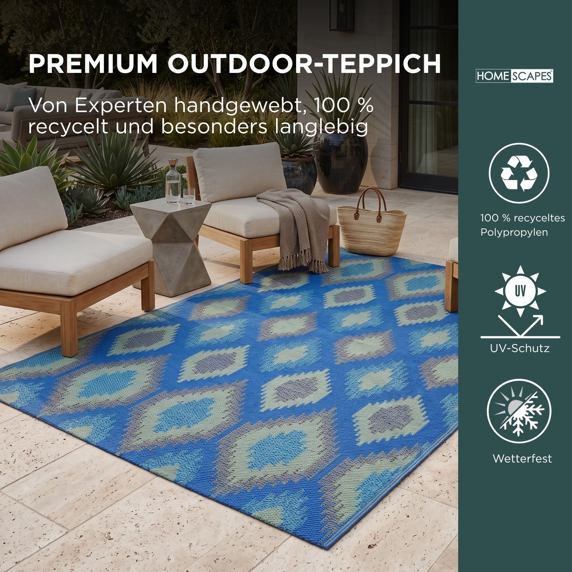 Homescapes Outdoorteppich Outdoor-Teppich Amber aus Polpropylen mit blau-grünem, 120 x 180 cm, rechteckig, Höhe: 20 mm – Bild 2 von 5
