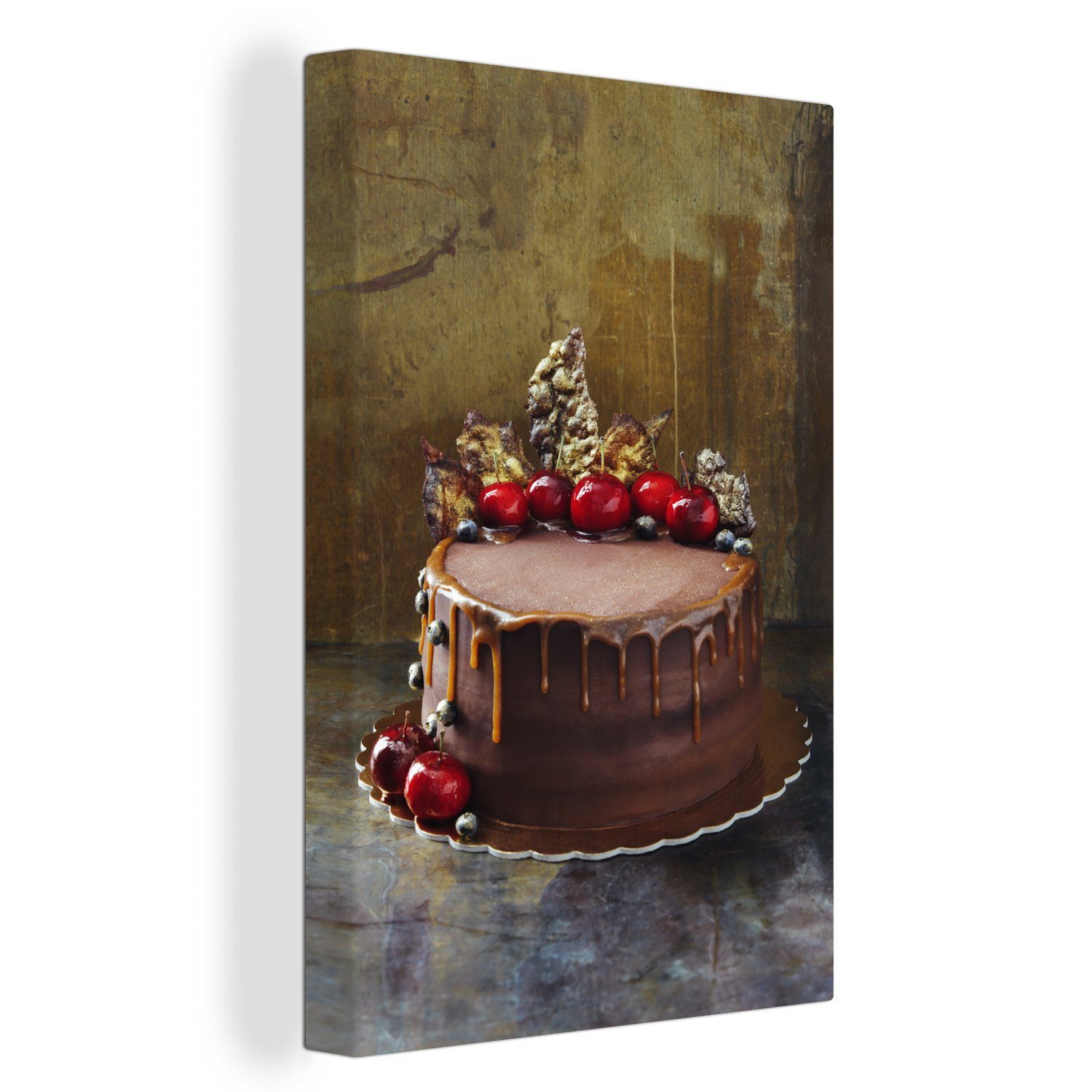OneMillionCanvasses® Leinwandbild Ein mit Beeren verzierter Schokoladenkuchen, (1 St), Leinwandbild fertig bespannt inkl. Zackenaufhänger, Gemälde, 20x30 cm