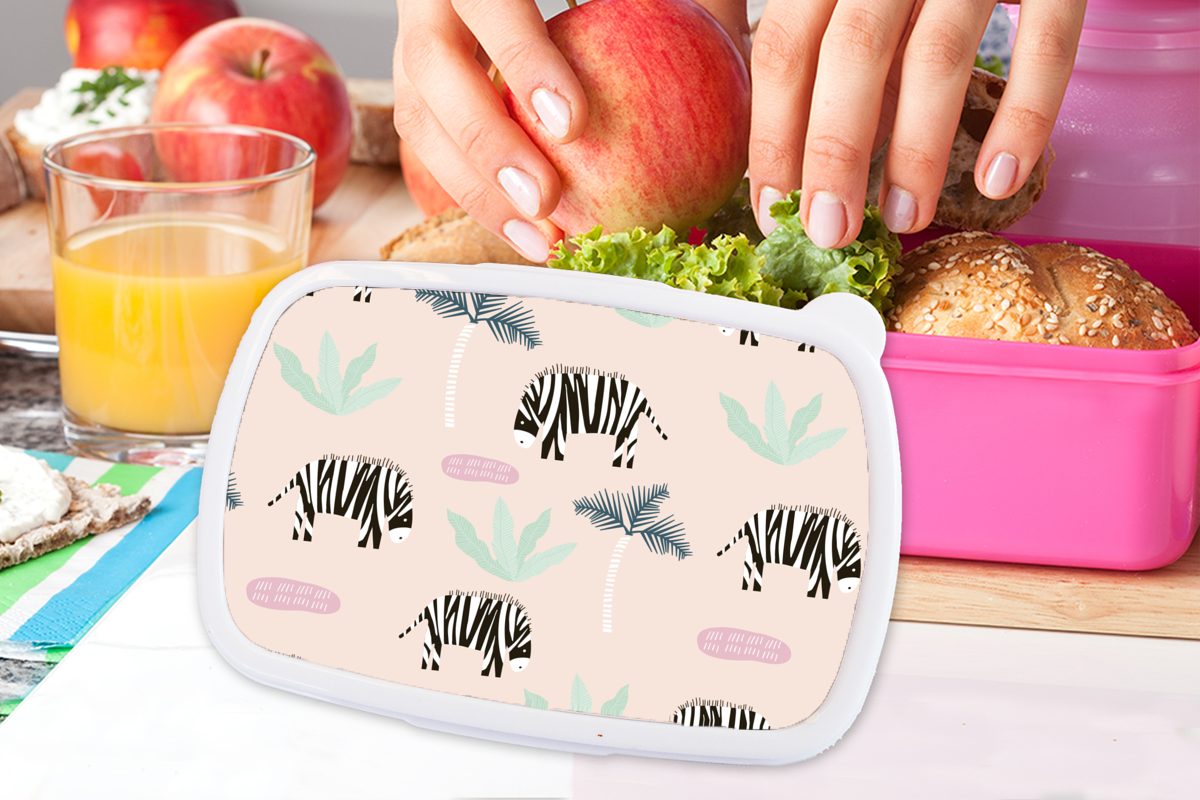 Brotdose MuchoWow Brotbox Mädchen, rosa Pastell, - - Erwachsene, Kinder, für Baum Kunststoff Kunststoff, (2-tlg), Snackbox, Lunchbox Zebra