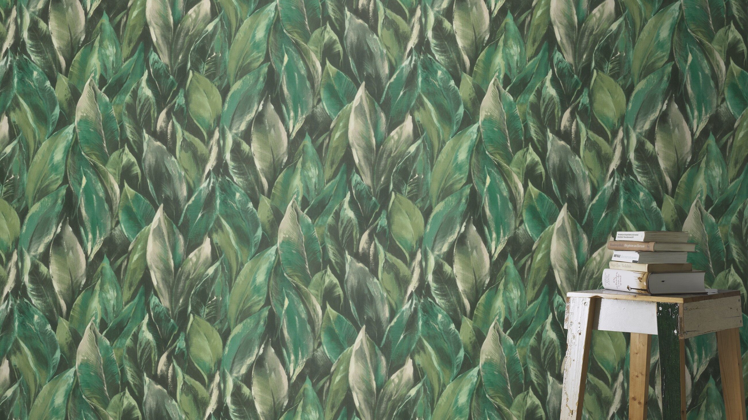 Rasch Vliestapete Blättermuster - Vinyltapete Creme Schwarz Grün, Floral, (1 Rolle, 1 St., 10,05 m x 0,53 m), gute Lichtbeständigkeit, feucht abwischbar, restlos abziehbar