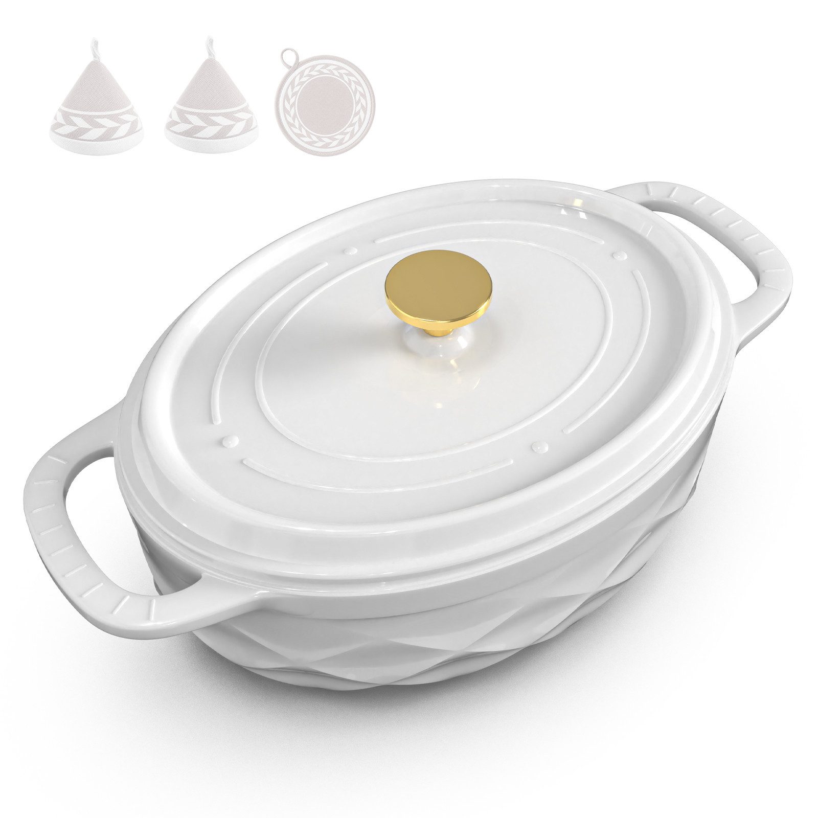 LALAHO Bratentopf Gusseiserner Topf (4,7/7,1 l), oval/bonbonförmig, Mit Handschuhen, hitzebeständiger Matte