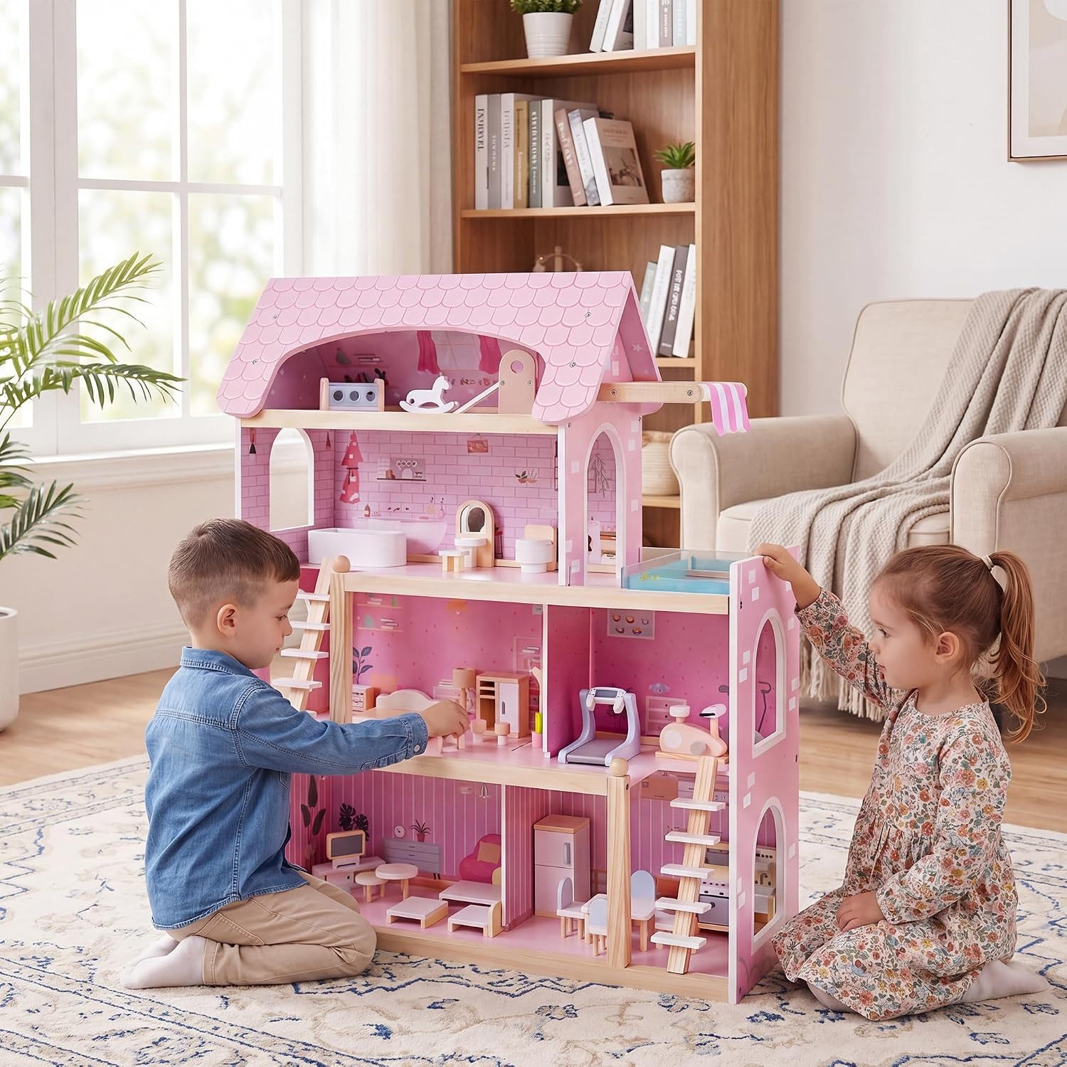 KOMFOTTEU Puppenhaus Puppen-Villa, mit 33 realistische Zubehör & Möbel, 6 Zimmer