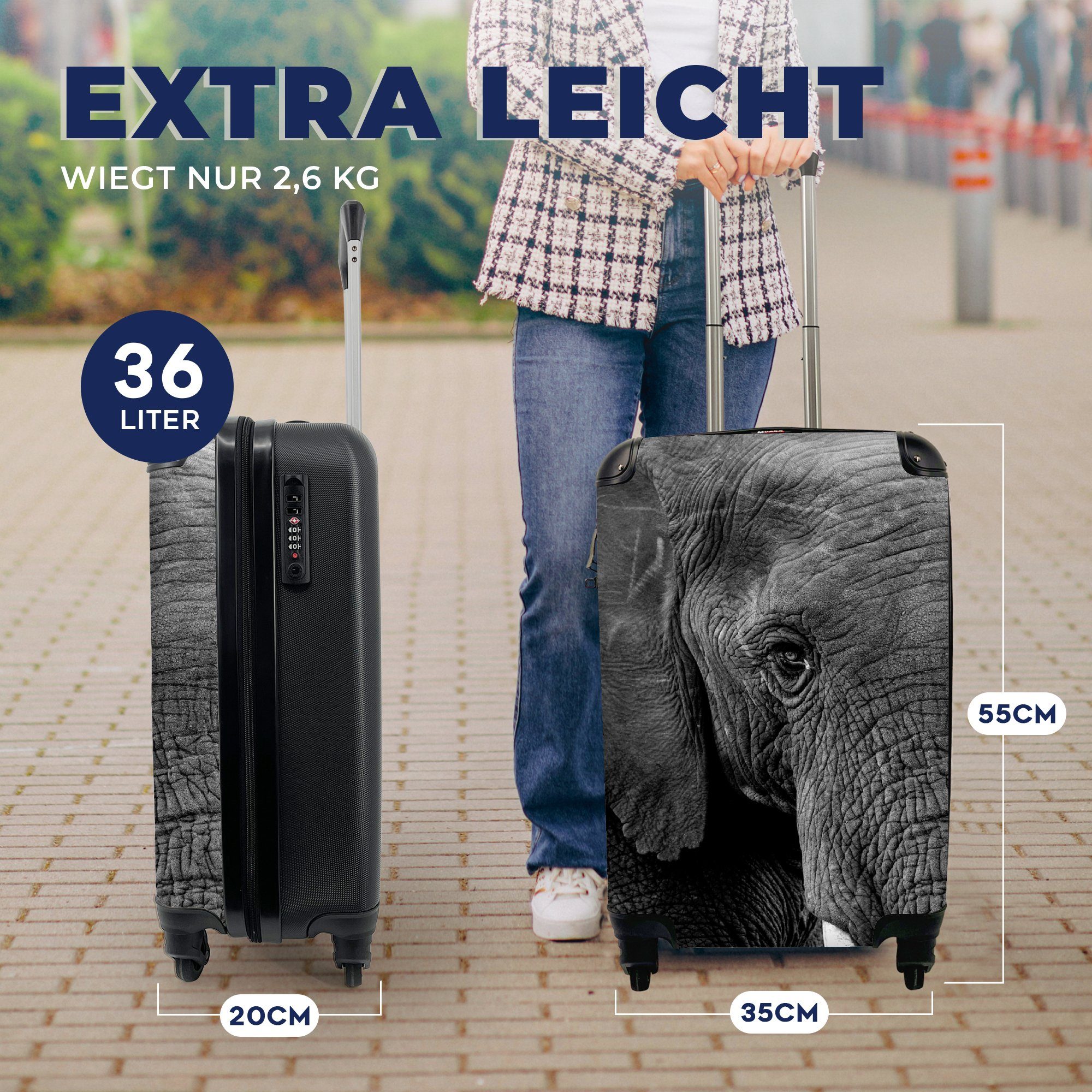 Reisetasche mit für Trolley, MuchoWow Tiere Schwarz Natur, - Elefant Handgepäck - - - rollen, Reisekoffer Ferien, Handgepäckkoffer Rollen, 4 Weiß