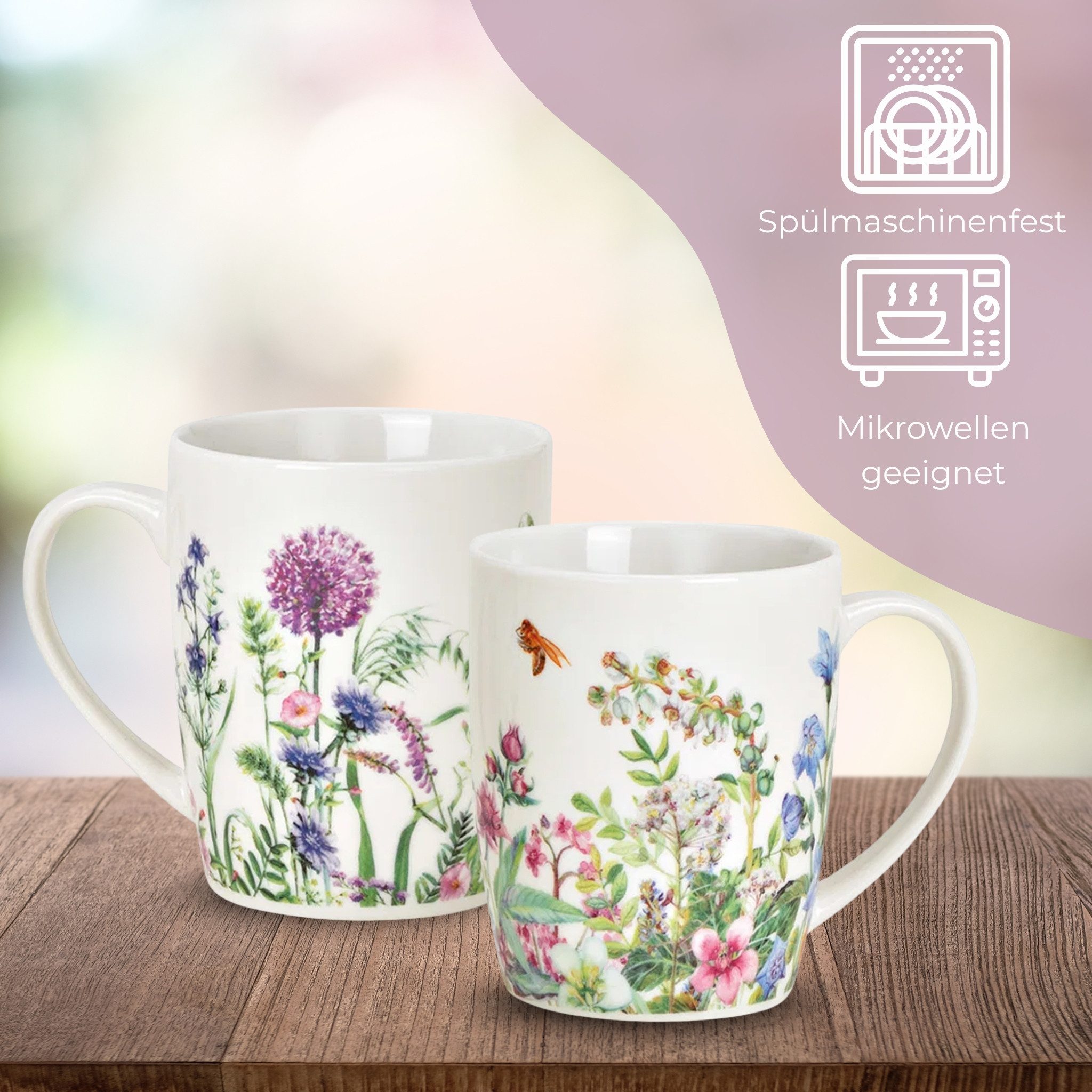 matches21 HOME & HOBBY Tasse Kaffeetassen 4er Set Wiesen-Blumen Frühling Sommer 8 cm, 300 ml, 4-tlg., Porzellan, Spülmaschinenfeste Vintage Tee Kaffee-Becher weiss bunt