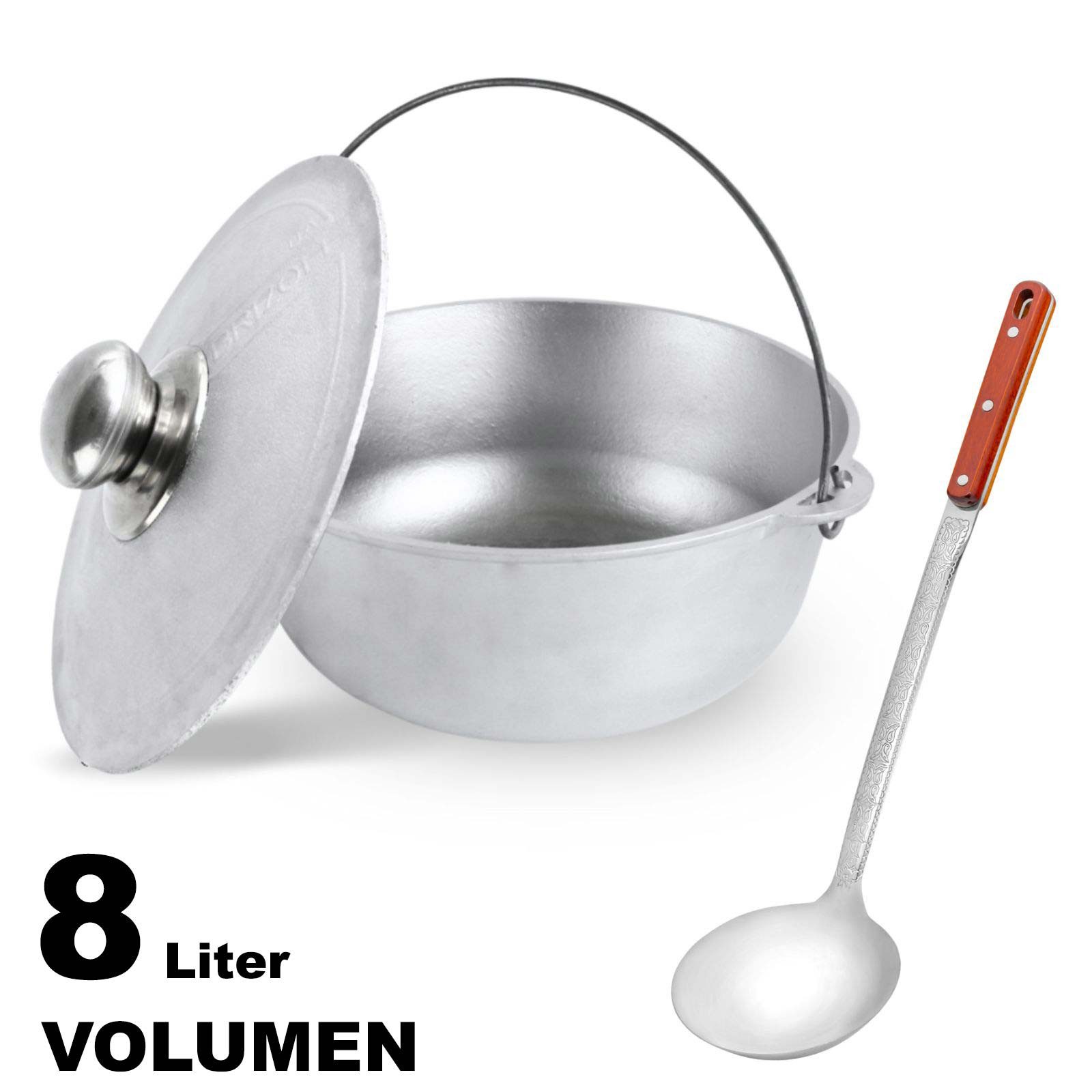 BIG-PAN Wok 8L Kazan Aluminiummit Bügel Deckel Schöpflöffel, Aluminium