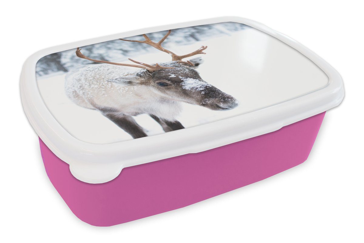 MuchoWow Lunchbox Hirsche - Rentiere - Schnee, Kunststoff, (2-tlg), Brotbox für Erwachsene, Brotdose Kinder, Snackbox, Mädchen, Kunststoff rosa