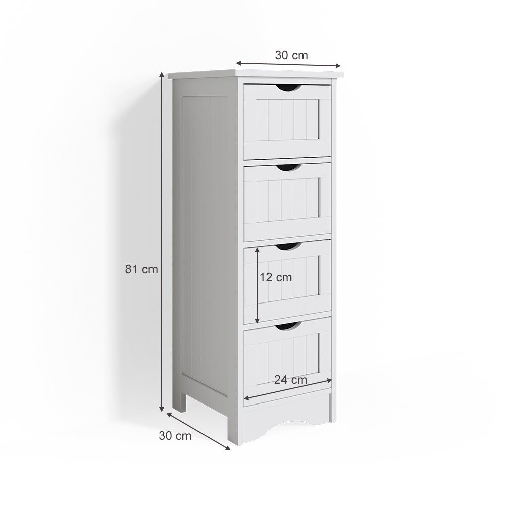 Badschrank 4 81x30x30cm BIANCO schmal Landhausstil weiß Schubladen Vicco Badregal