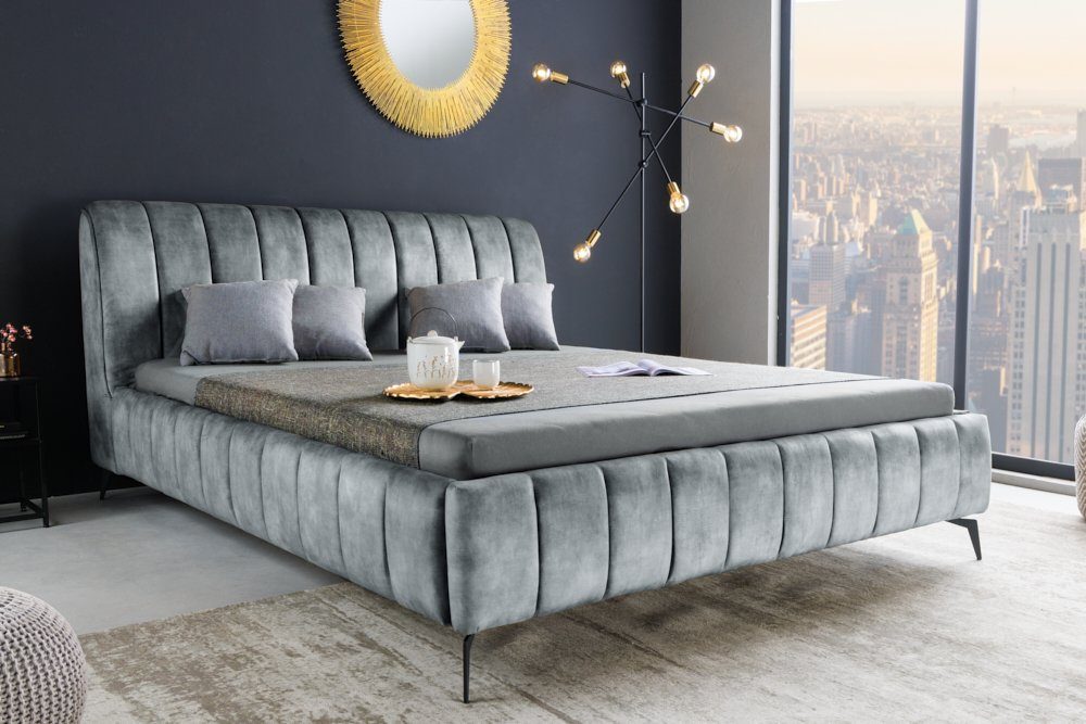 riess-ambiente Polsterbett AMSTERDAM 160x200cm grau Samt – Doppelbett im Vintage Design (Einzelartikel, 1-tlg), schwarzes Metallgestell, Retro, Kingsize-Bett, gepolstertes Samtbett