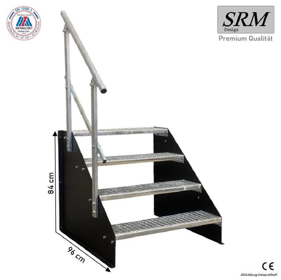 SRM Design Außentreppe 4 Stufen Standtreppe Schwarz, Breite 60cm, Höhe 84cm 1x Geländer