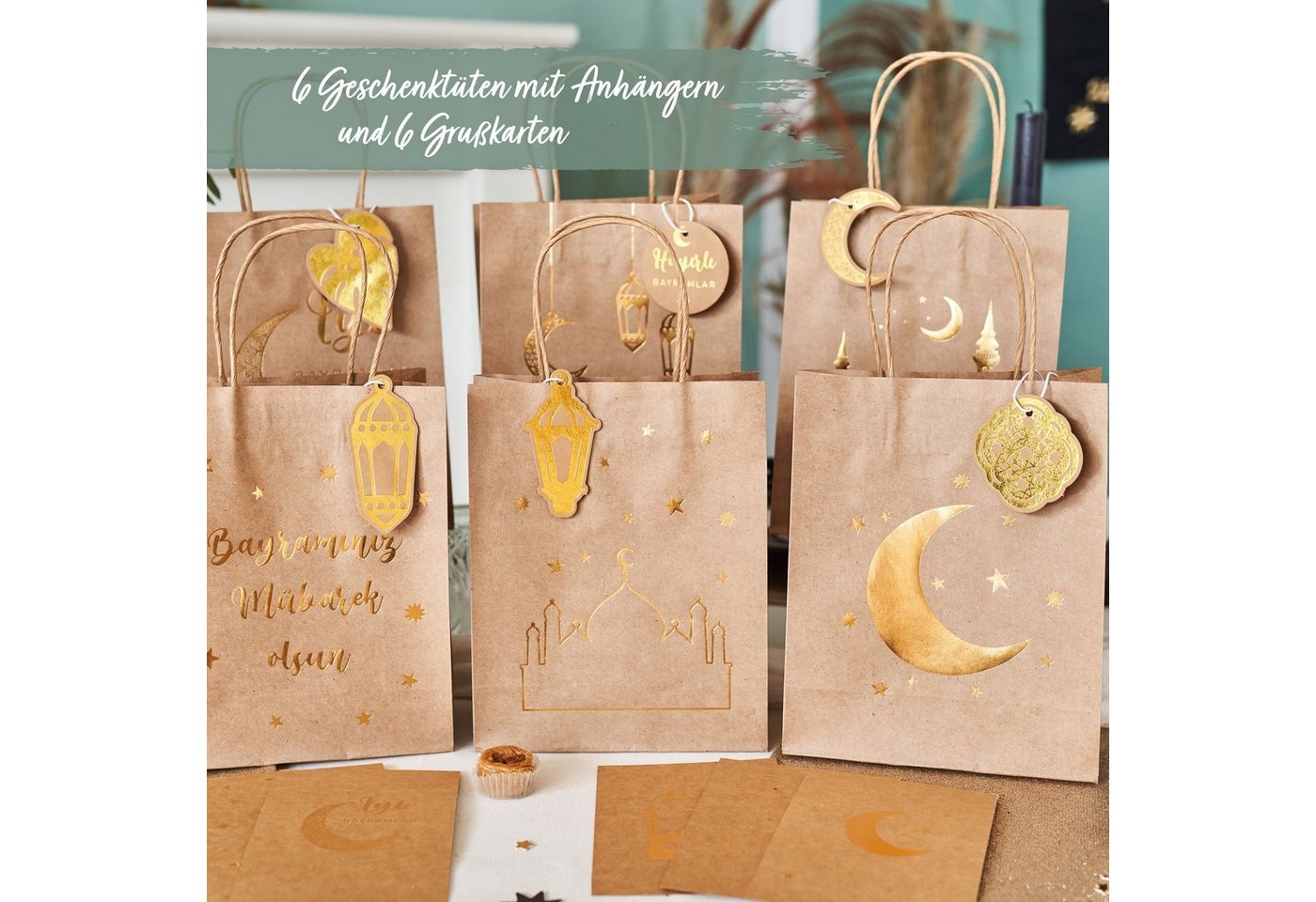 Thumbnail - PAPIERDRACHEN Geschenkbox 6 bunte Henkeltüten zu Ramadan - mit Anhängern und Postkarten, mit Anhängern und Postkarten - ...