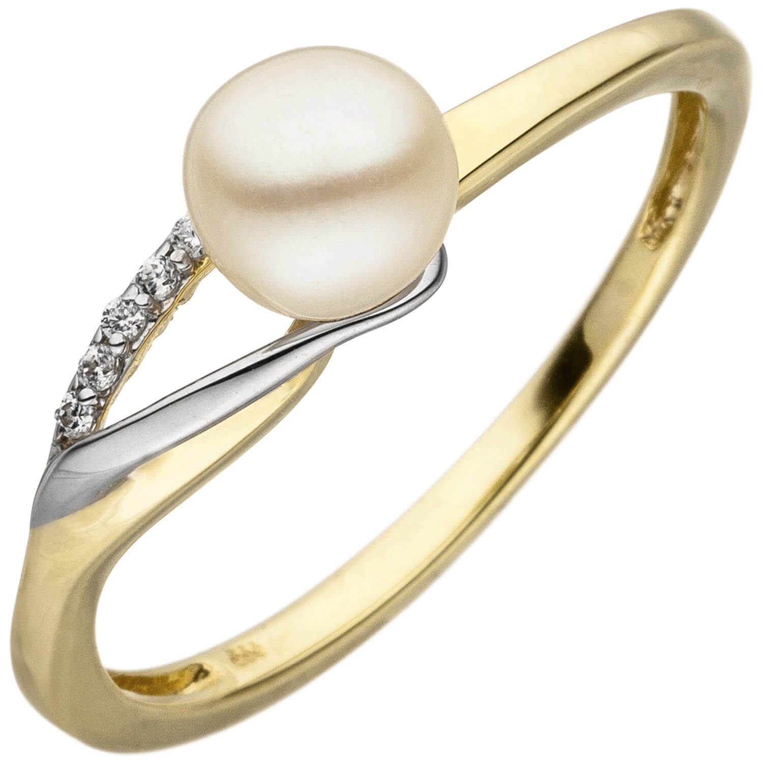 Schmuck gelb/weiß bicolor 333 Süßwasser-Perle Ring Zirkonia, mit Gold Krone Gold Damen, weiß 6 Fingerring 333 &