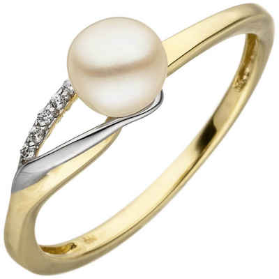 Schmuck Krone Fingerring Ring, Süßwasser-Perle & 6 Zirkonia, 333 Gold gelb/weiß, Gold 333