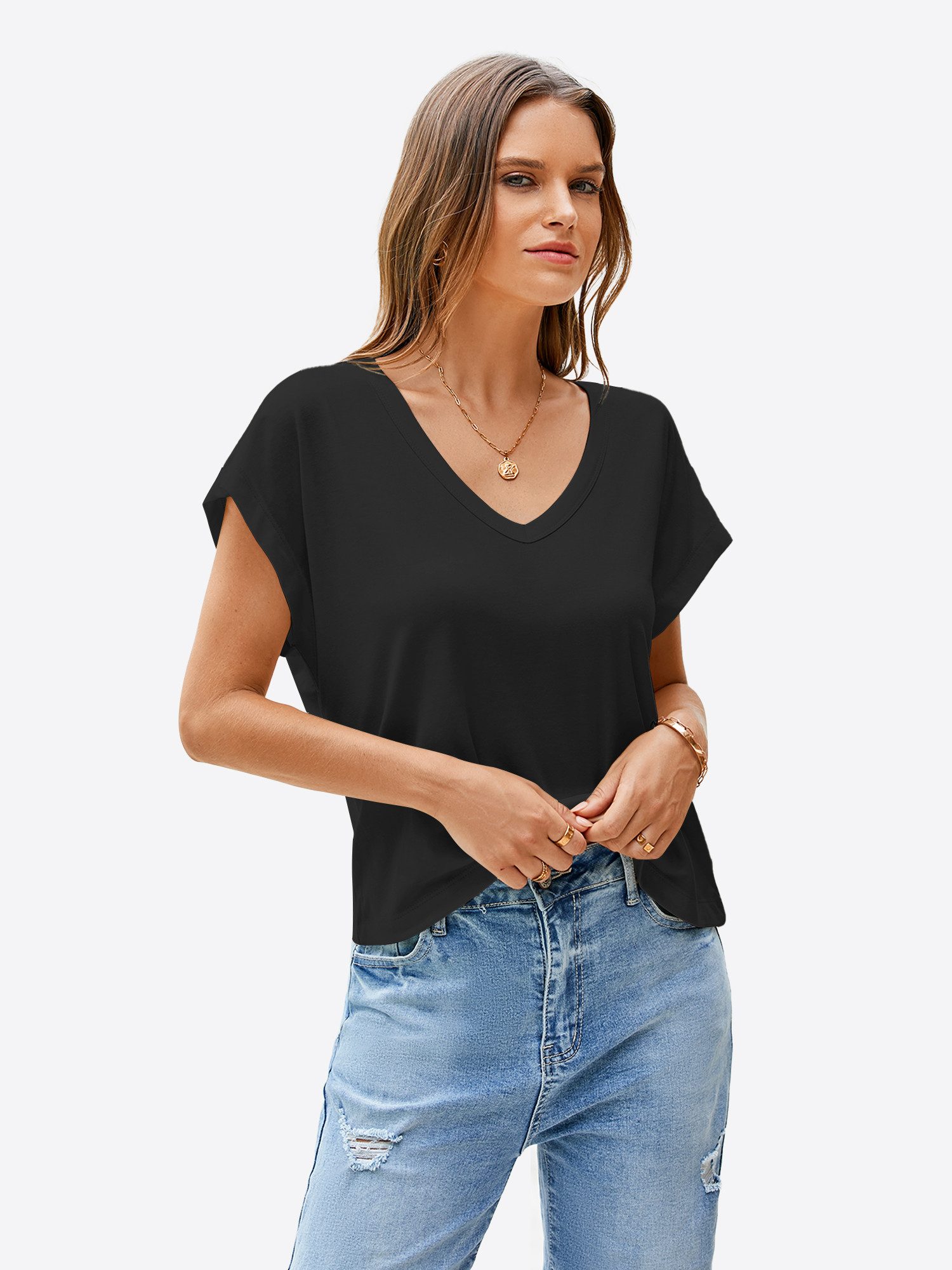 Imily Bela T-Shirt Damen Cropped Tiefer V-Ausschnitt Kurzarm Sommer Casual Basic (Packung, 1-tlg., 1per-Pack) mit Fledermausärmel Locker – Bild 4 von 5