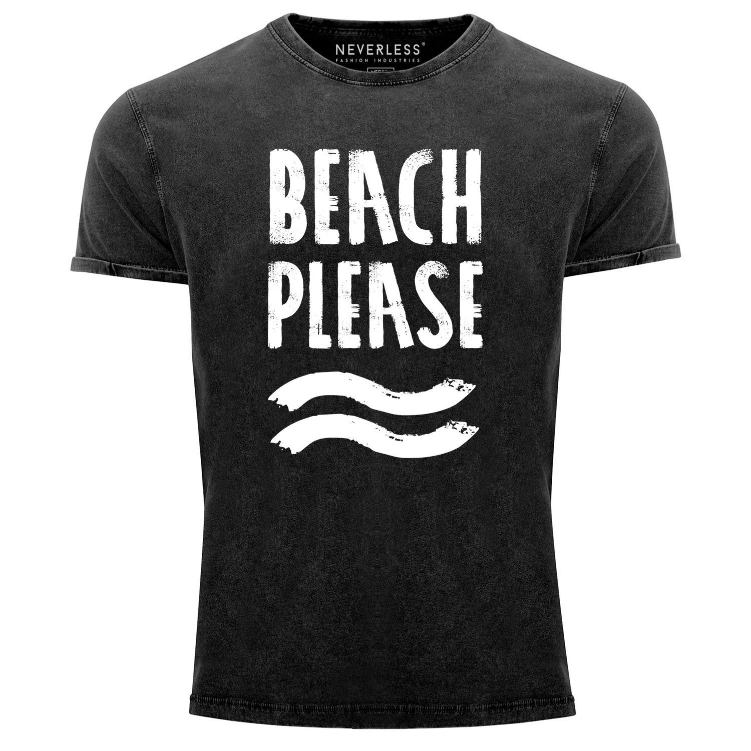 Neverless Print-Shirt Cooles Angesagtes Used Beach Urlaub Neverless® Strand Fit Shirt Print Aufdruck mit Slim Look Vintage Herren Please T-Shirt schwarz