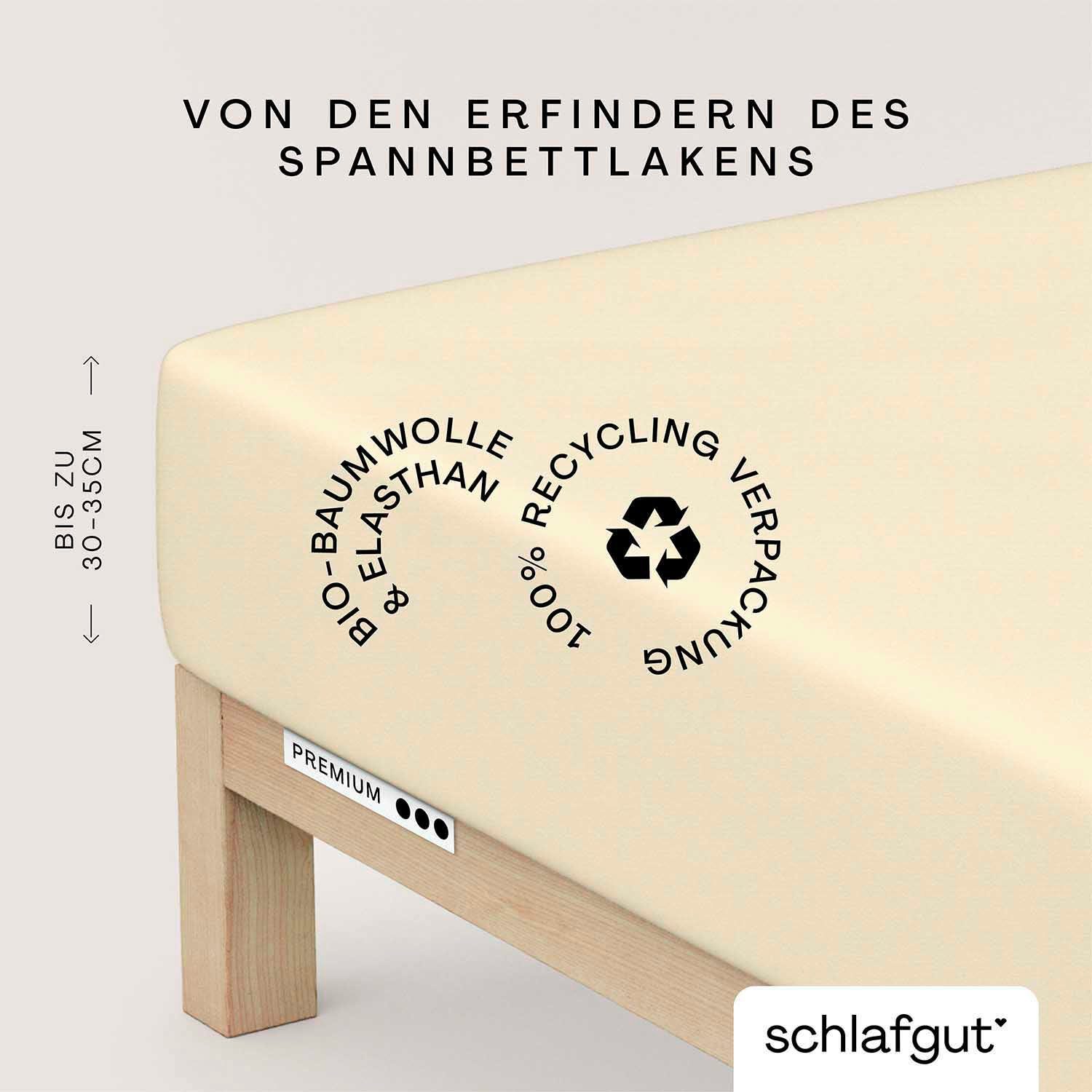 Schlafgut Spannbettlaken PREMIUM Mako-Zwirn-Jersey, 220 g/m², 95% Bio-Baumwolle, 5% Elasthan, Mako-Zwirn-Jersey, Gummizug: rundum, (1 Stück), Bettlaken bis 30 cm Höhe, PREMIUM-Qualität langlebig, perfekter Sitz