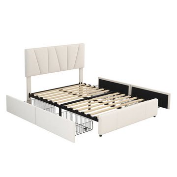 Fangqi Polsterbett 140*200 cm großes gepolstertes Doppelbett mit vier Schubladen (verstellbares Kopfteil), mit vier bettschubladen