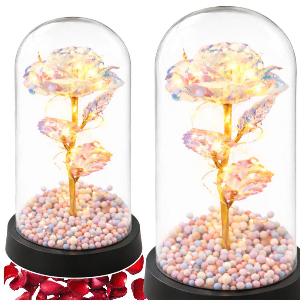 LEAN TOYS LED Dekolicht Kristallrose Glasglocke Stimmungslicht, LED-Beleuchtung, LED, warmweiß, LED-Licht, Glaskuppel, Kristalloptik, Geschenkidee