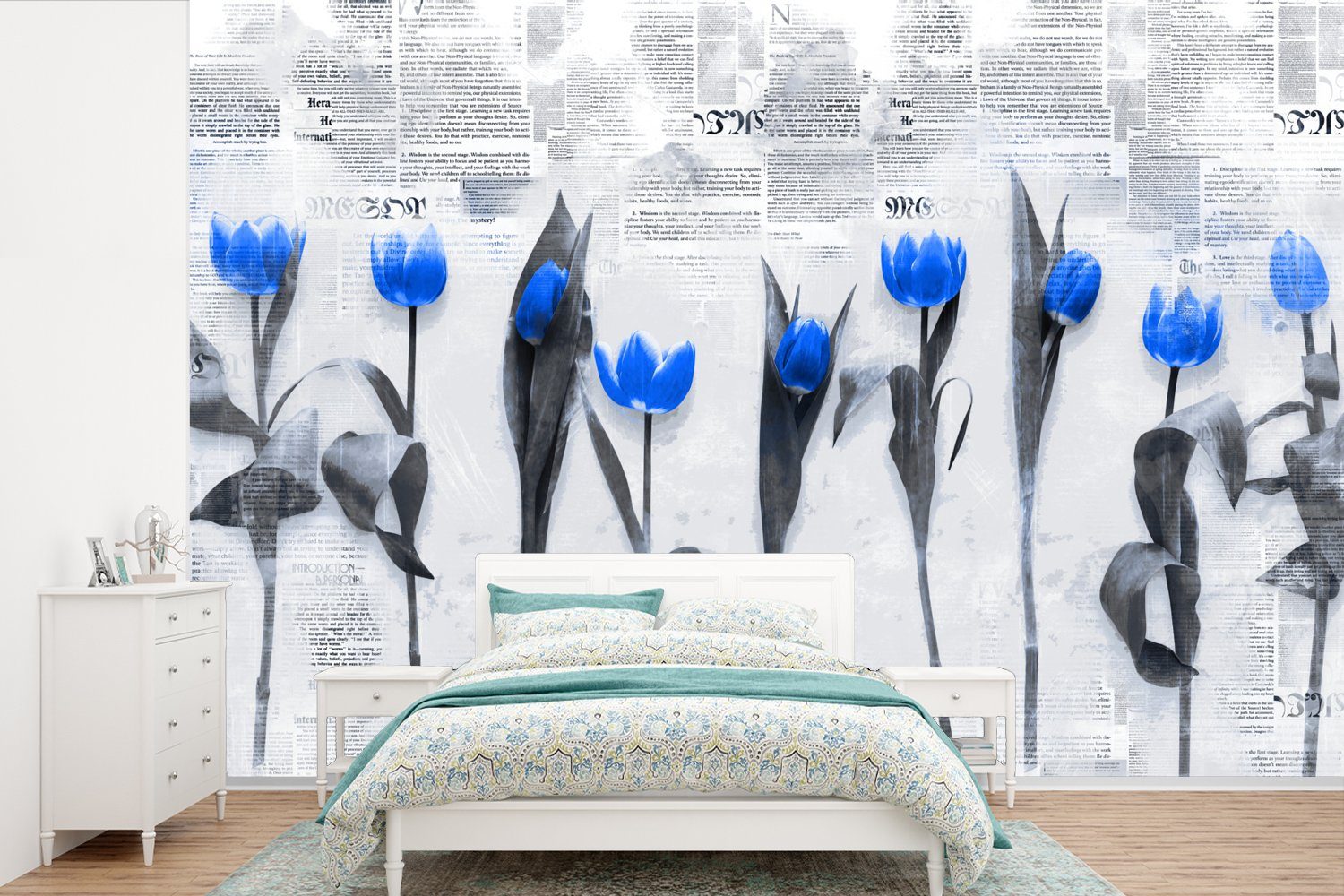 St), Tapete Vinyl Fototapete Kinderzimmer, - - Blau, Tulpen bedruckt, Wallpaper (6 für MuchoWow Schlafzimmer, Blumen Wohnzimmer, Matt,