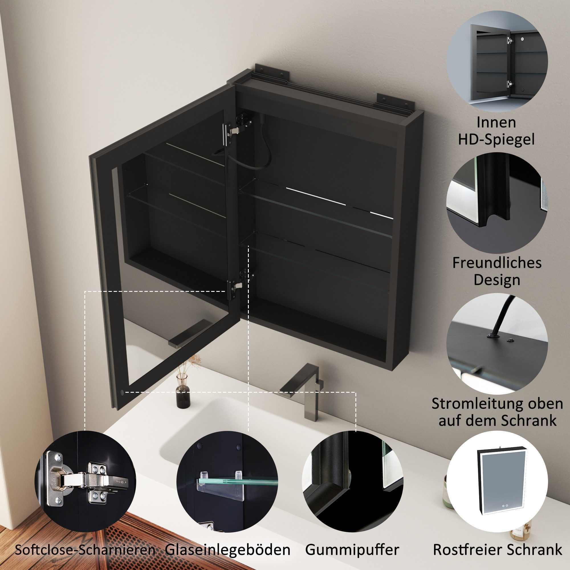 WDWRITTI Hängeschrank Badezimmer Spiegelschrank Schwarz Bad mit beleuchtung Wandschrank (Badezimmerspiegelschrank 50x13,5x70cm, 3Lichtmodi, Dimmbar, Anti-fog, Speicherfunktion) Alu-Schranktür, Doppelseitiger Spiegel, mit Netzadapter