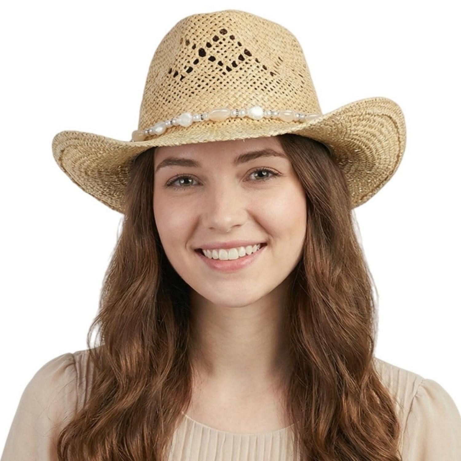 LuxusKollektion Cowboyhut Cowboyhut Stroh Damen Cowgirl Western Einheitsgröße-M Beige